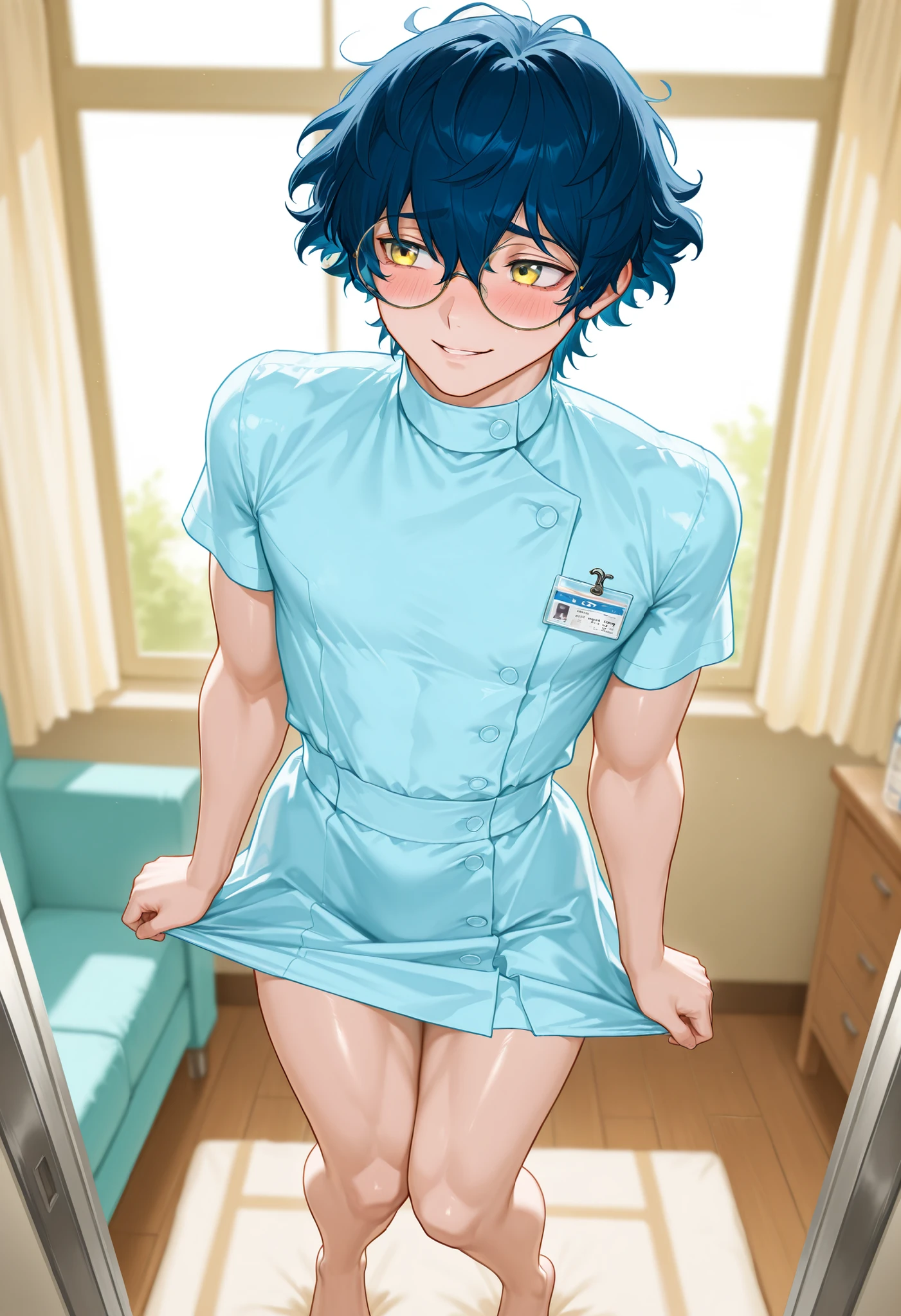 masterpiece, best quality, amazing quality, very aesthetic, high resolution, ultra-detailed, absurdres, newest, scenery, One man, 1guy, solo, middle-aged, muscle , crossdressing, reverse trap, androgynous, Transparency. Shiny skin,  parted lips , (blue hair, shaggy hair, short hair, yellow eyes, round glasses, ),  barefoot, sexy, nurse, tight fitting, Grab the skirt, blush, furrowed brow, Embarrassed, living room, window, daytime, front, looking at me, red cheeks, smiling, tilting head, standing, face,  knees together feet apart, BREAK, depth of field, volumetric lighting, , upper body, pov,  rim light , backlit , dramatic shadow , upper body, 