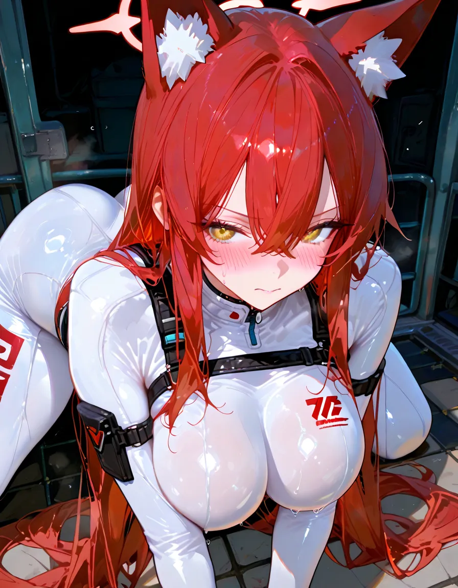 1 mechanical woman,red hair,blue eye,very long ponytail hair,swept bangs,gigantic breasts,orgasm,smile,saliva,parted lips,topless,bottomless,mechanical arms,mechanical legs,breast milk,from left in front,standing,arms behind head,arms up,open legs,sweat,pussy juice,vibrator,woman's masturbation,1 boy,grabbing woman's breasts,bed side,
