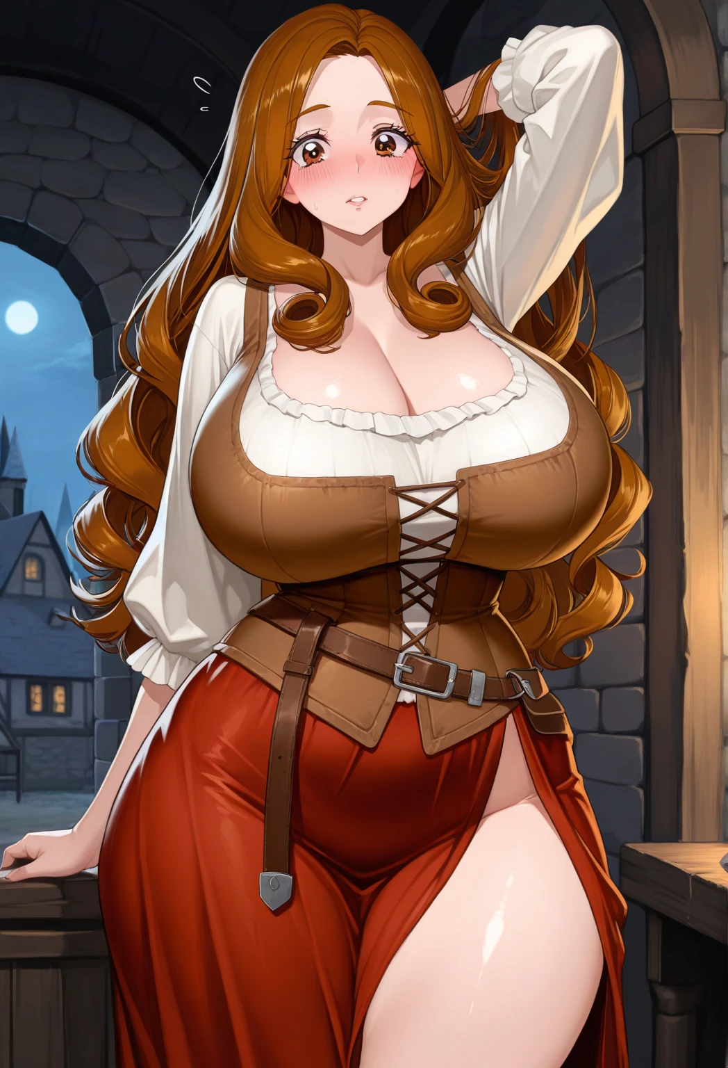(masterpiece, top quality, best quality, official art, beautiful and aesthetic:1.2), (1girl:1.3), long and curly dark brown hair, extremely detailed, portrait, looking at viewer, solo, (full body:0.6), detailed background, close up, mischievous eyes, (warm summer castle theme:1.1), sorceress, charlatan, smirk, mysterious, walking in courtyard, revealing ((dark red)) sorcerer attire, red knee-length red skirt, off shoulder, straps, long sleeves, loose sleeves, cloak, corset, black leggings, black trousers, black pants, long brown boots, buckles, straps, pouches, (glowing magical energy, casting a spell), red fabric, white trim, ((((gigantic breasts, cleavage, skindentation)))), slim waist, slim hips, long legs, medieval (castle exterior:1.1) background, dark mysterious lighting, shadows, magical atmosphere, dutch angle
