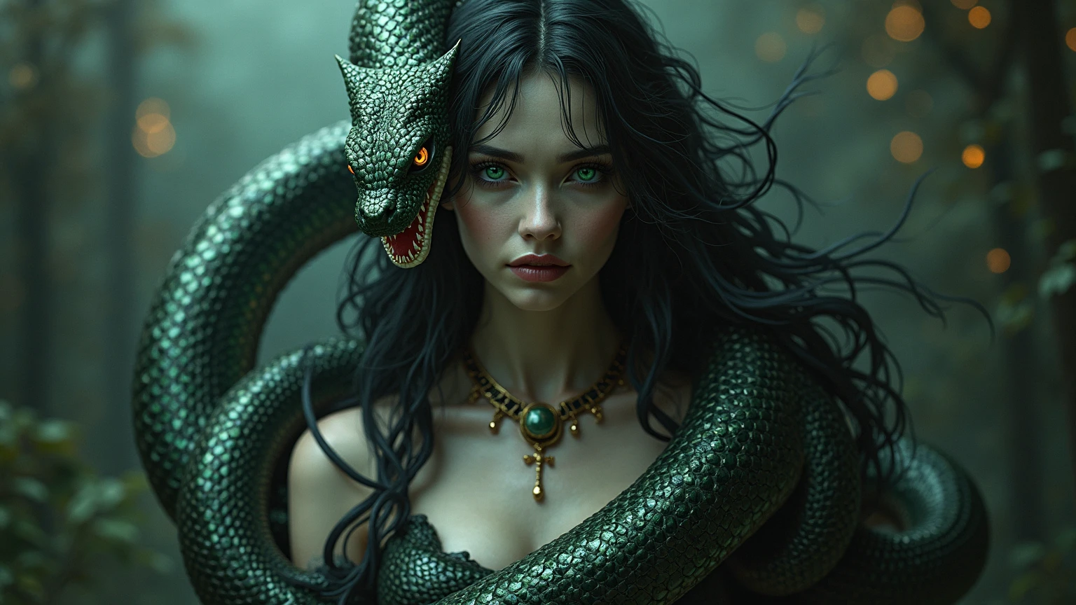 A beautiful woman turns into a snake, her eyes become sharp, her fangs become sharp, her tongue becomes like a snake, and she draws her whole body. Her pupils are yellow.
