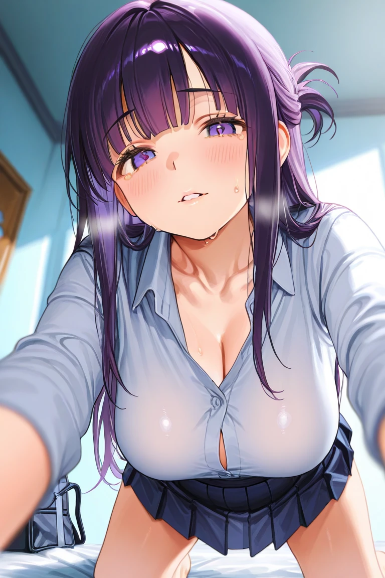 1girl, solo, nsfw, kanan matsuura, long hair, blue hair, (purple eyes:1.1), ponytail, sidelocks,, empty eyes, large breasts, nipple, Hospital, frozen, (Sweating profusely, Love juice, Wet Woman, female ejaculation), , crying, Naked, (1girl) Peeing, lactation, projectile lactation