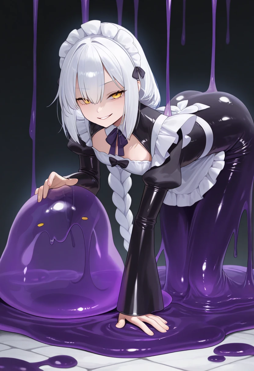 ((best quality)), ((highly detailed)), absurdres, extremely detailed face, beautiful face, (detailed eyes, deep eyes), (1girl), cowboy shot, <lora:aiomonstergirls_loraLocon:1.>, <lora:animeSlime_v10:.2>, slime girl, melting, wet slimy skin, <lora:ColoredSkin:.3>, (colored skin), ((purple skin, black colored slime_(substance))), white hair, <lora:long_braid_hairstyle:.6>, (long_braid_hairstyle:1.3), multicolored hair, white hair, see-through body, short dress, maxidress, <lora:EraseGroinSkirt:1>, navel, cameltoe, tentacles, large breasts, (inside, on a space station, space, stars)
