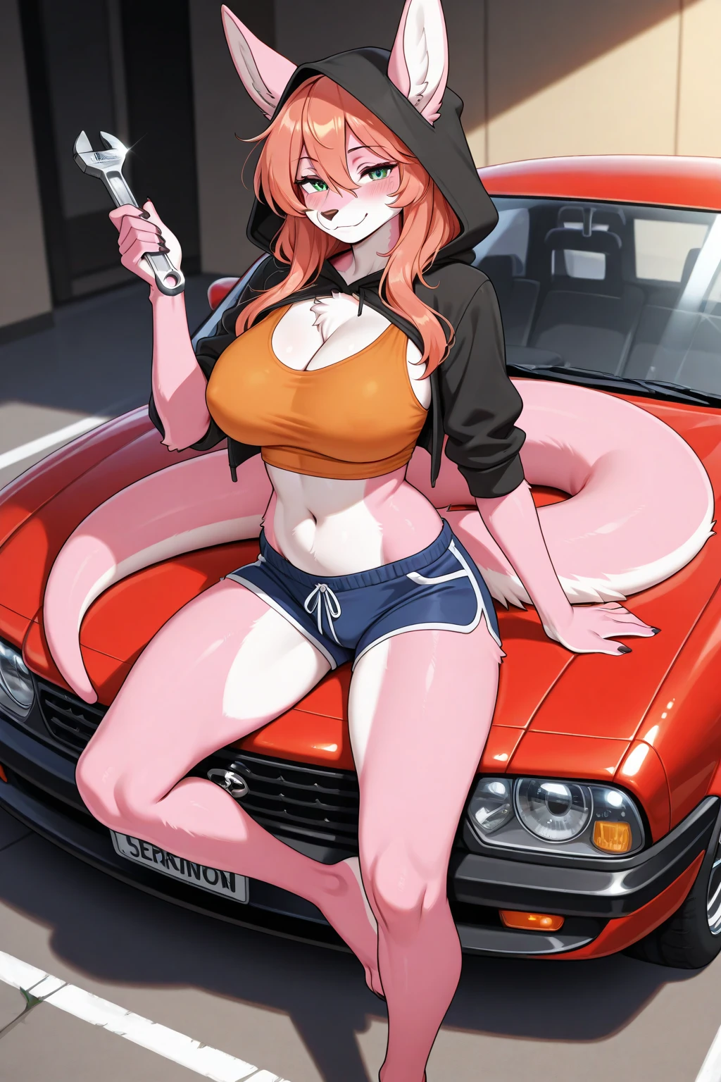 monsg, ponytail, bangs, hair bobbles, green eyes, flat chest, insanely detailed, beautiful detailed face, beautiful detailed eyes, masterpiece, best quality, extremely detailed, high quality, highly detailed, nude, red hair, short girl, aged down, smile, flat chested, male chest, indoors, masterpiece, best quality, shiny white closed toe heel shoes, covered toes, diamond anklets, aroused expression, seductive, seductive eyes, seductive smile, car interior, sports car, her whole body is visible, glowing eyes, cityscape, night, night sky, legs, smooth legs, seductive pose