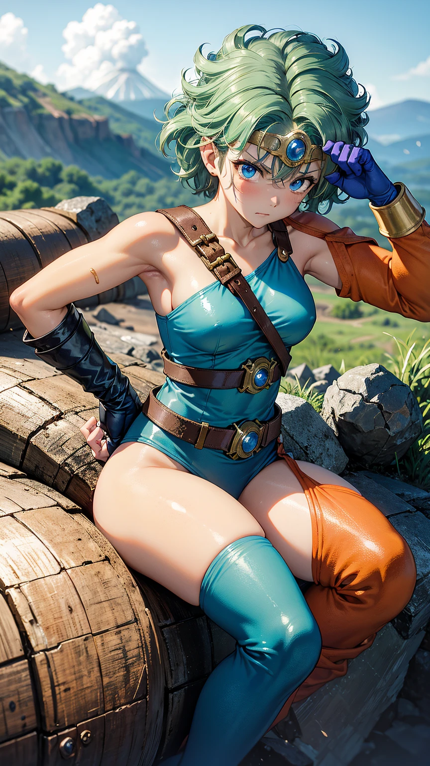 (masterpiece, Highest quality:1.1), (sheathに納められた武器, Weapon on the back, Sword on the shoulder:1.1), internal (dq3), One girl, alone, short hair, Brown Hair, blue eyes, Circlet, Large Breasts, Cleavage, Strapless, Blue clothes, Purple Cape, Knee socks, gloves, boots, belt, sheath,, knee boots, Simple Background,