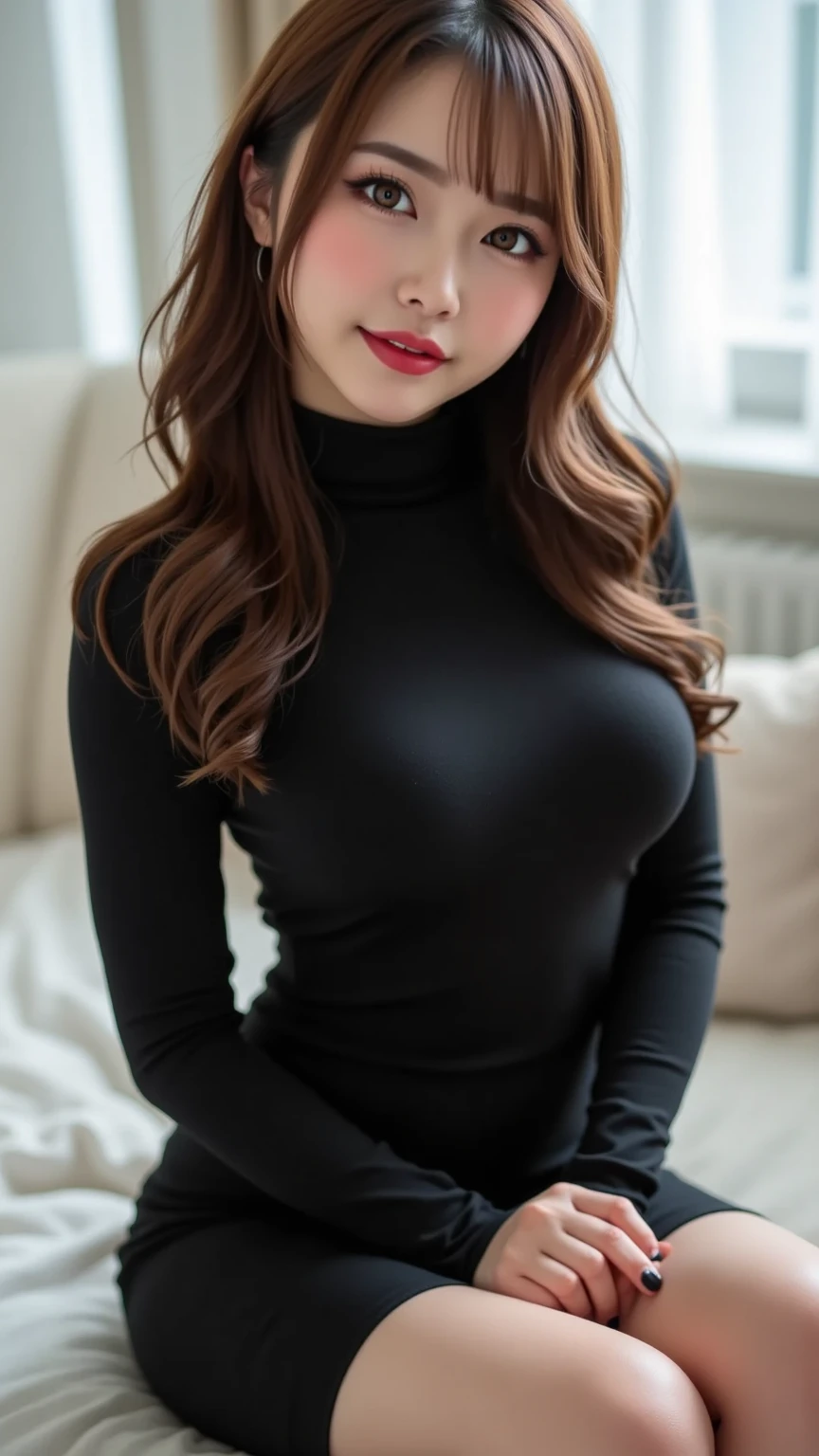 beautiful women, mature woman, masterpiece, super detailed, detailed face, beautiful eyes, detailed eyeshadow, lip details, red lipstick, light brown hair, full body, wavy hair, Wearing a black sheath dress, turtleneck, revealing legs, sexy legs, Wearing ultra-realistic pantyhose、