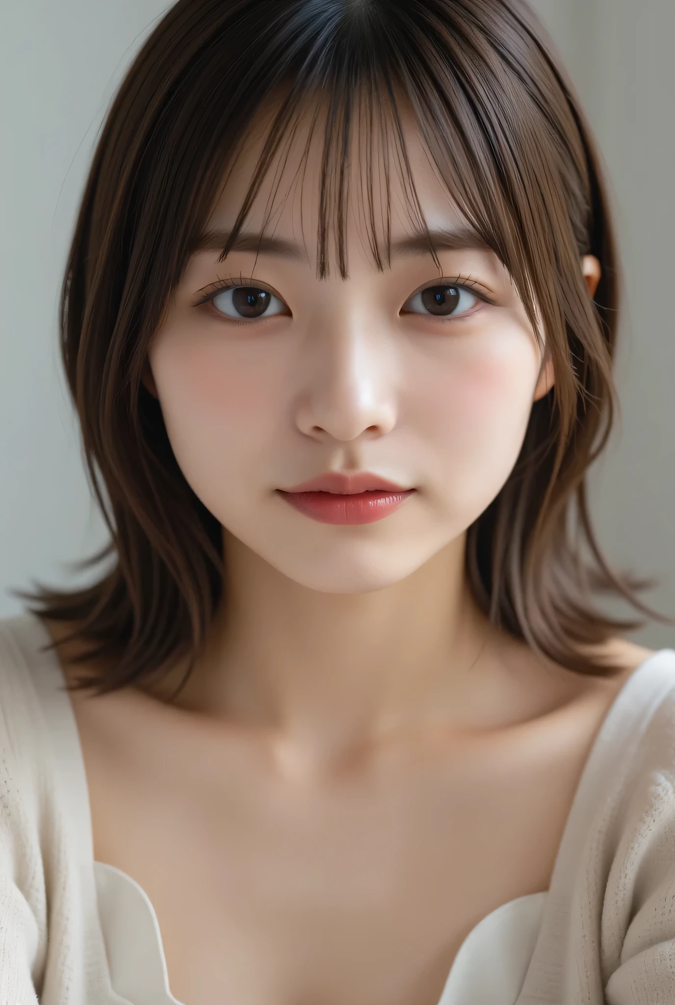 best quality, face focus, soft light, ultra high res, (photorealistic:1.4), RAW photo,
1japanese girl, solo, cute, (pupil, lights in the eyes),  detailed beautiful face, (small chest),(high resolution detail of human skin texture),
(long hair),
indoor,
Damask Shirt Dress,
(portrait)