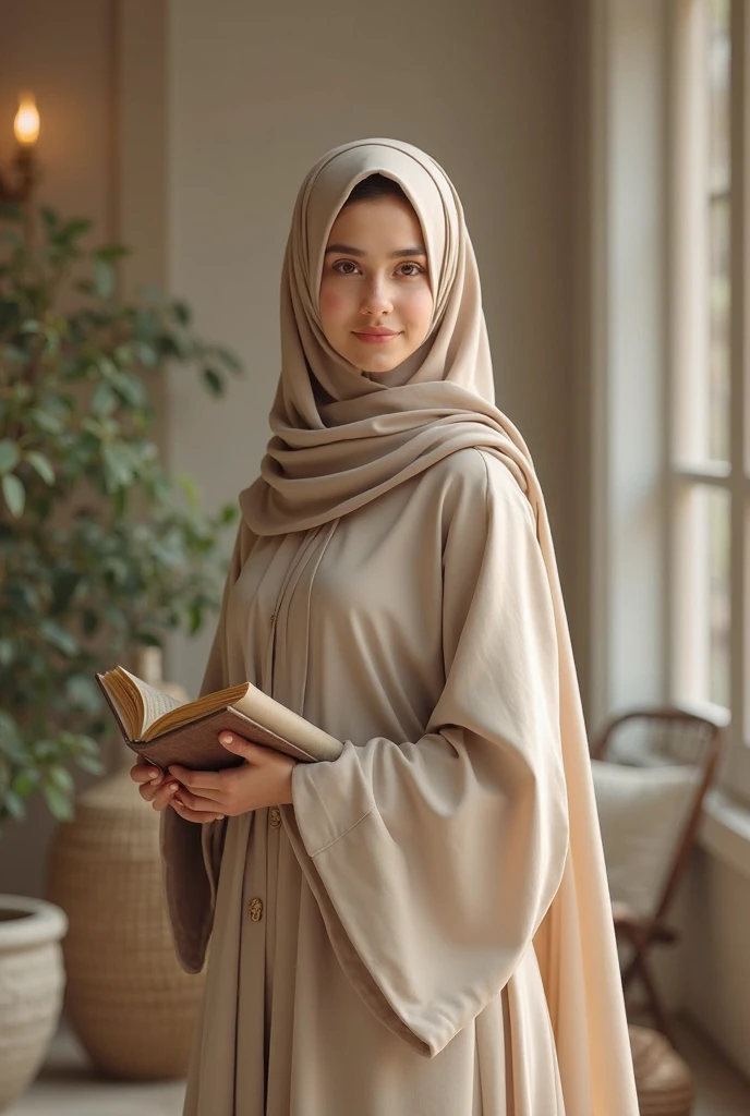 Korean girl, beautiful girl in hijab, 19 year old girl, perfect face, expressive eyes, makeup, eyeshadow, eyeliner, luxurious hijab, patterned hijab, hijab decoration, shiny lips, holding book, in the library,
