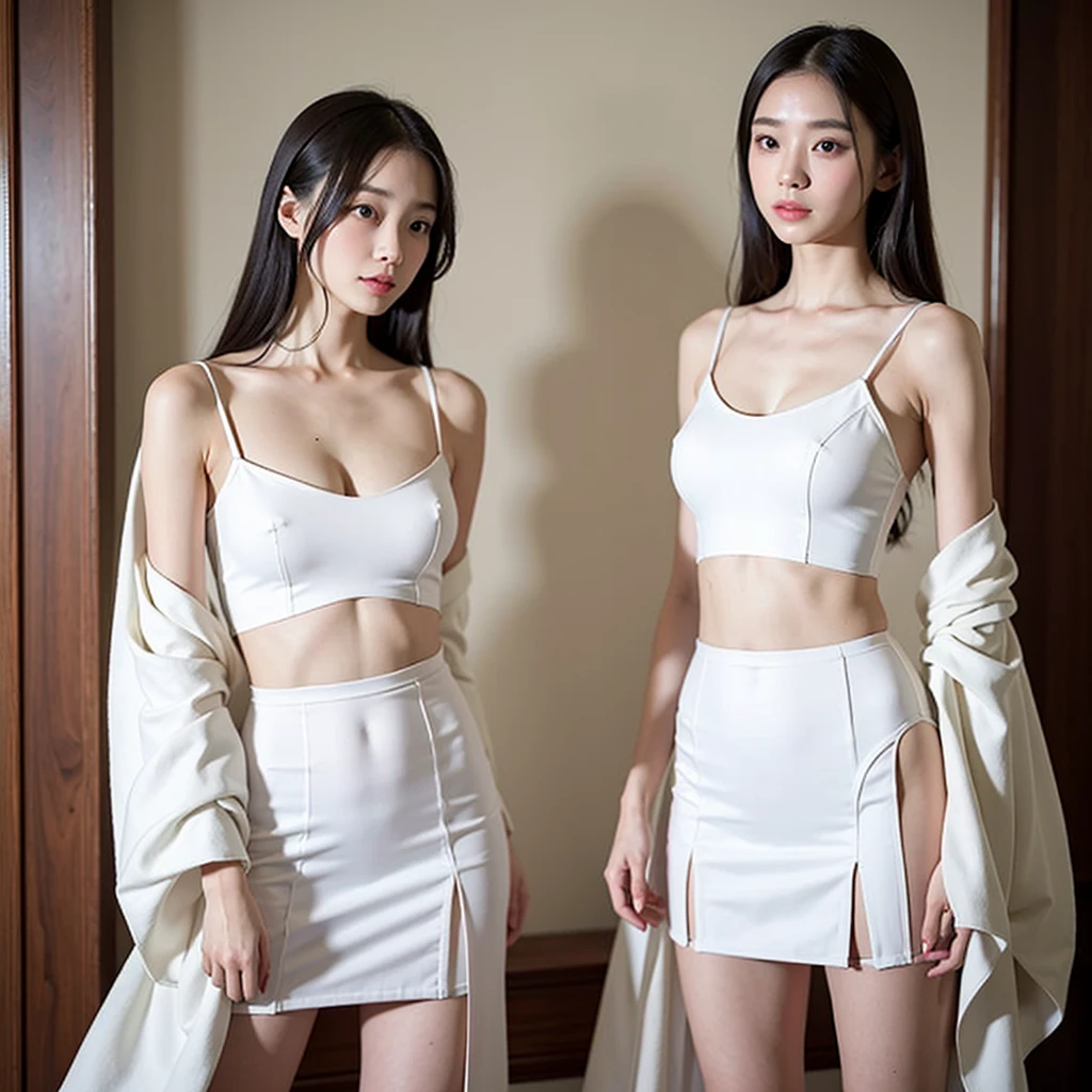 (8k、Raw photo、最high quality、masterpiece:1.5),((((Both of them stand with their legs apart:1.5)))),(((Both of them have an inseam that is more than half their height.))),((Bare legs)),((Both of them are extremely slim))，((They both have super slim legs)),((Both are 173cm tall)),((They are both the same height)),((((Both girls look exactly like K-pop star Wonyoung:1.5)))),((The two have perfect supermodel style: 1.2)),(((((Both of them take full body shots: 1.8))))), Super thin waist: 1.2, Thin buttocks,Open the navel,完璧なSuper thin thighs: 1.2),(((Both of them have amazingly slim figures.))),((Denim micro mini skirt)),((Both are 18 years old)),Erect nipples, Highly detailed face and skin texture,Symmetrical face, Beautiful Eyes, Beautiful Face,balanced eyes, Fair Asian Skin, Ultra-Realistic Details, Natural Shadows,(Very small hips),Large firm breasts, Super long thighs,(Super thin thighs),(Super slim calves),((Small Ass)),Super muscular body,Super toned waist,More emphasis on the abdominal muscles，((Both of them have super-strong abs)),Super thin waist,((White high heels)),(((Both of them are extremely exposed.:1.5))),lengthen limbs,(((Standing on the sidewalk in front of a stylish upscale restaurant:1.5))),(White short mini camisole),Hands on hips,Both of them face forward，(((Both of you should face your whole body straight ahead.:1.5))),Super long arms,Thin hands,(Long black hair),((Both of them stand up straight.)),(Keep your hips facing forward),Both of them are beautiful with 8-head body proportions.,Very thin ankles,The arms are very slender and muscular,The legs are super slender and muscular,Make your arms thinner,Super slim and muscular legs,Both of them have super long legs.,The middle of the thighs are very thin,Super muscular and extremely slim calves,Super muscular and slim thighs,Very tight waist,(Both of them have an inseam that is more than half their height.の美脚),Extremely thin thighs,Fine skin,Firm skin,(((Both of them should fit from the top of their heads to the toes of their heels.:1.5))),(((Both have beautiful legs))),Both of them have super slim and muscular legs.,((Sunny afternoon:1.3)),Midsummer:1.5,((Low - Angle)), (((Wide open abdomen:1.3))),Super detailed, High detail, high quality, Awards,High resolution, ((Anatomically correct))