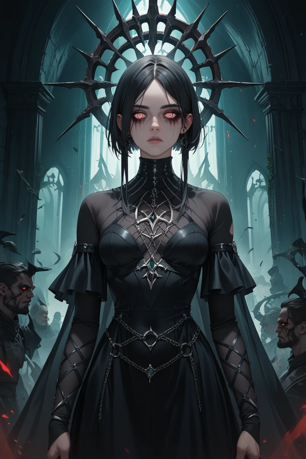 Goth girl 1girl, solo, long hair, looking at viewer, red eyes, jewelry, necklace, makeup, lipstick, black background, portrait, glowing eyes, <lora:Goth_girl-v2:0.8>
<lora:vergvoktre_finetuned:0.8> by vergvoktre, dramatic, gritty, intense, distorted face, nightmare, intricate details, hyperdetailed, cinematic, dark shot, film grainy, soothing tones, muted colors, technicolor
BREAK
outdoors, twilight, raytracing <lora:add_detail:1>
BREAK
<lora:Dark_Art:1> d4rk4rt artstyle, monochrome, greyscale