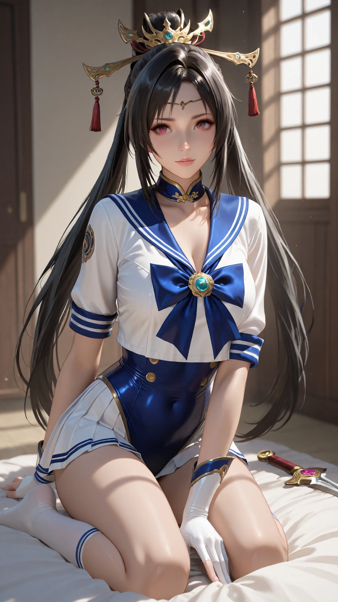 Tabletop, Highest quality, High resolution, sv1, Sailor Warrior Uniforms, Blue Skirt, Blue lace panties visible through a mini skirt、Bikini Panties、white Pantiesー, Visible from under the blue hort term、Elbow Gloves, Tierra, Faltenrock, Folding a mini skirt, white Panties、Beautiful camel toe lace panties、Sword, choker, White gloves, jewelry, Starry Sky, Innocent pose, Easy-going smile, Portraiture, floating, whole, whole body,Future City