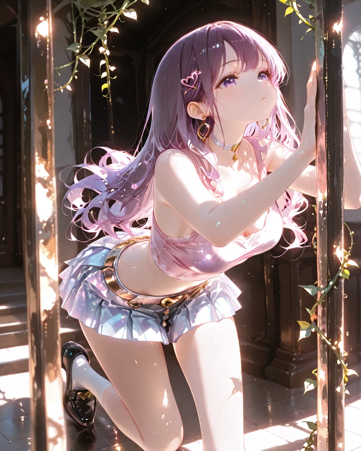 high resolution, masterpiece, best quality, perfect anatomy, full body, looking at viewer, 10 years old, ((naughty face)), (flat chest), see through, (sweat), arms behind back, Japanese girl, pale skin, show off nipple, 1girl, (pole dancing:1.2), ((squatting)), open legs, arms behind head, stage, (light green metallic bellydancer), cameltoe, toddler body, baby face, from below, twin talis, realistic, beautiful face, clear eyes, purple hair, detached sleeves, thighhighs, (awaiting tongue), trembling, church,