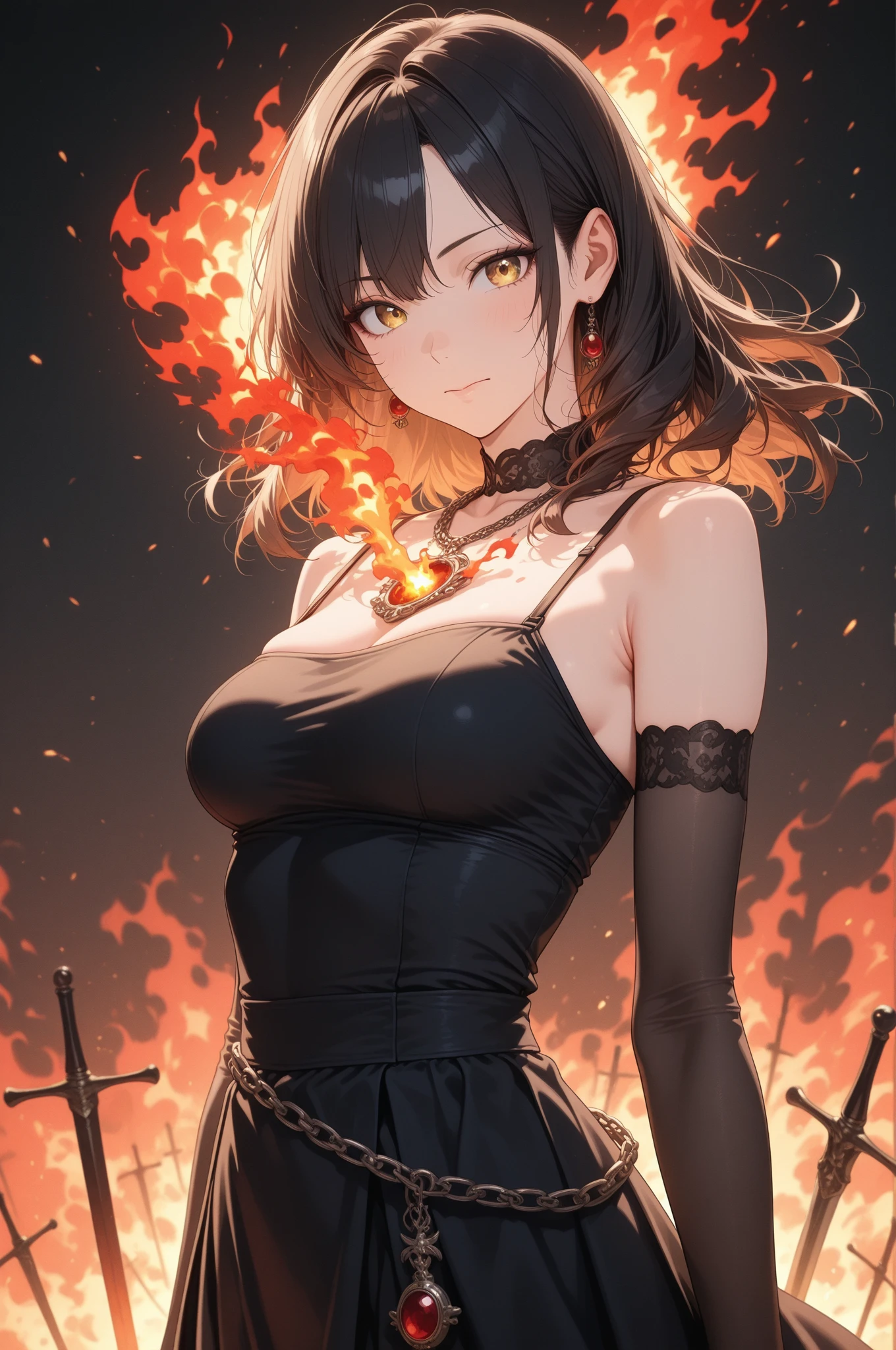 Hu Tao, 1girl, alcohol, alternate costume, armlet, bare shoulders, black background, black dress, black pleated skirt, black gloves, black thighhighs, breasts, cleavage, criss-cross halter, cup, dress, drinking glass, flower, gloves, gradient background, hair between eyes, low twintail hair, halterneck, holding, holding cup, jewelry, medium breasts, long hair, looking at viewer, necklace, black brown hair, brown nails, brown eyes, flower pupils, see-through gloves, solo, thighhighs, thighs, very long hair, wine, wine glass, ((masterpiece))