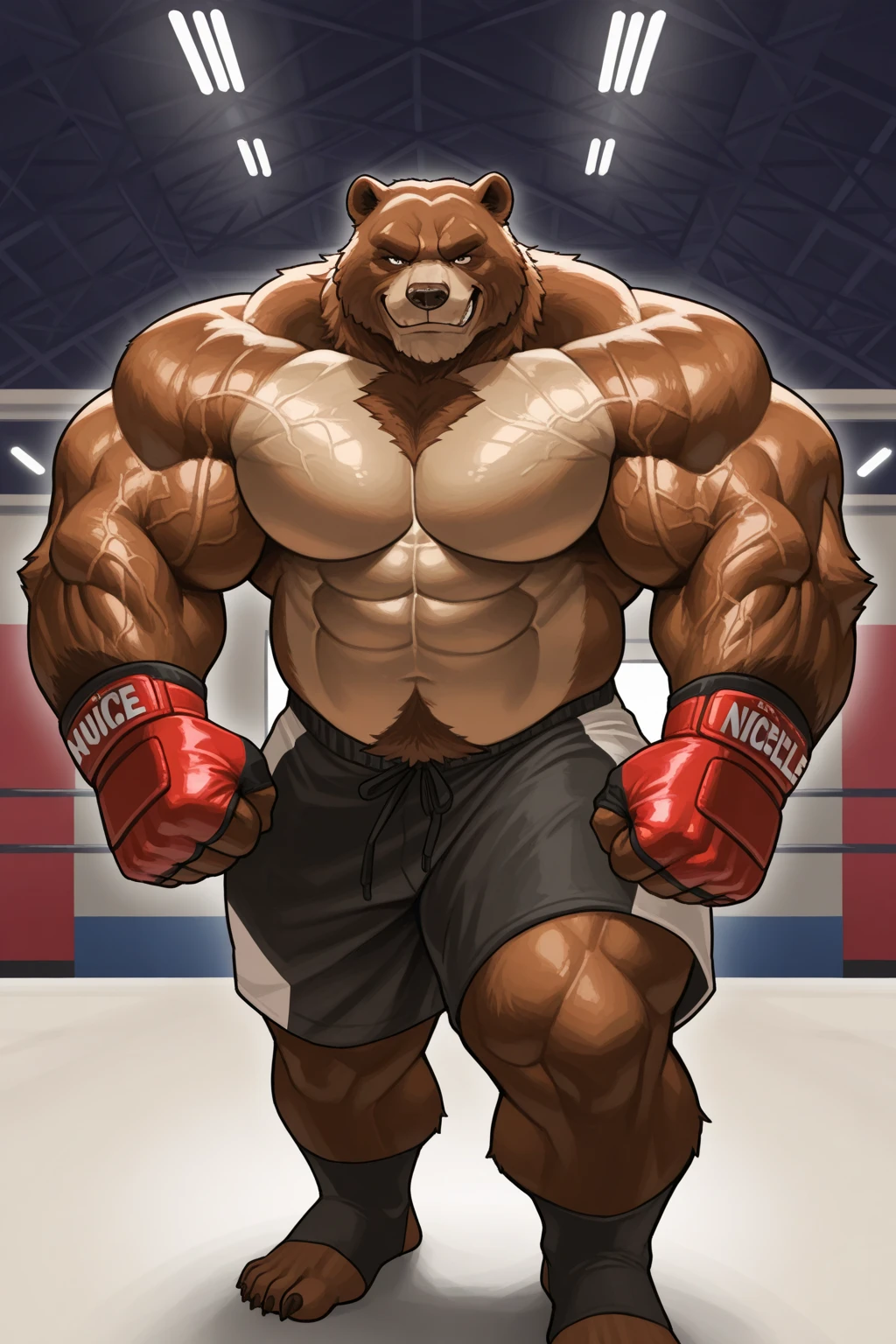 Grizzly bear. 4k, high resolution, best quality, posted on e621, solo, anthro body, older male, masculine:1, ursine:2, male, very masculine:1, buff (tough build):1.5, dense muscles, (correct anatomy):1, huge brown fur:2.1, (boxing ring background, no background:1.2), (bare torso:1.1), scales, (wearing black boxers shorts, genital_outline), (black boxing gloves, correct anatomy, boxing shoes, (detailed eyes:1.2), sexy, (cel shaded:1.2), (sweat:1.5), visible breath, shiny huge muscles, sweat:1, shading, (watercolors:1.2), strong shadows, confident, (vascular, veins:1.1), (full body):1, (by Echin, by meesh, by Taran Fiddler)