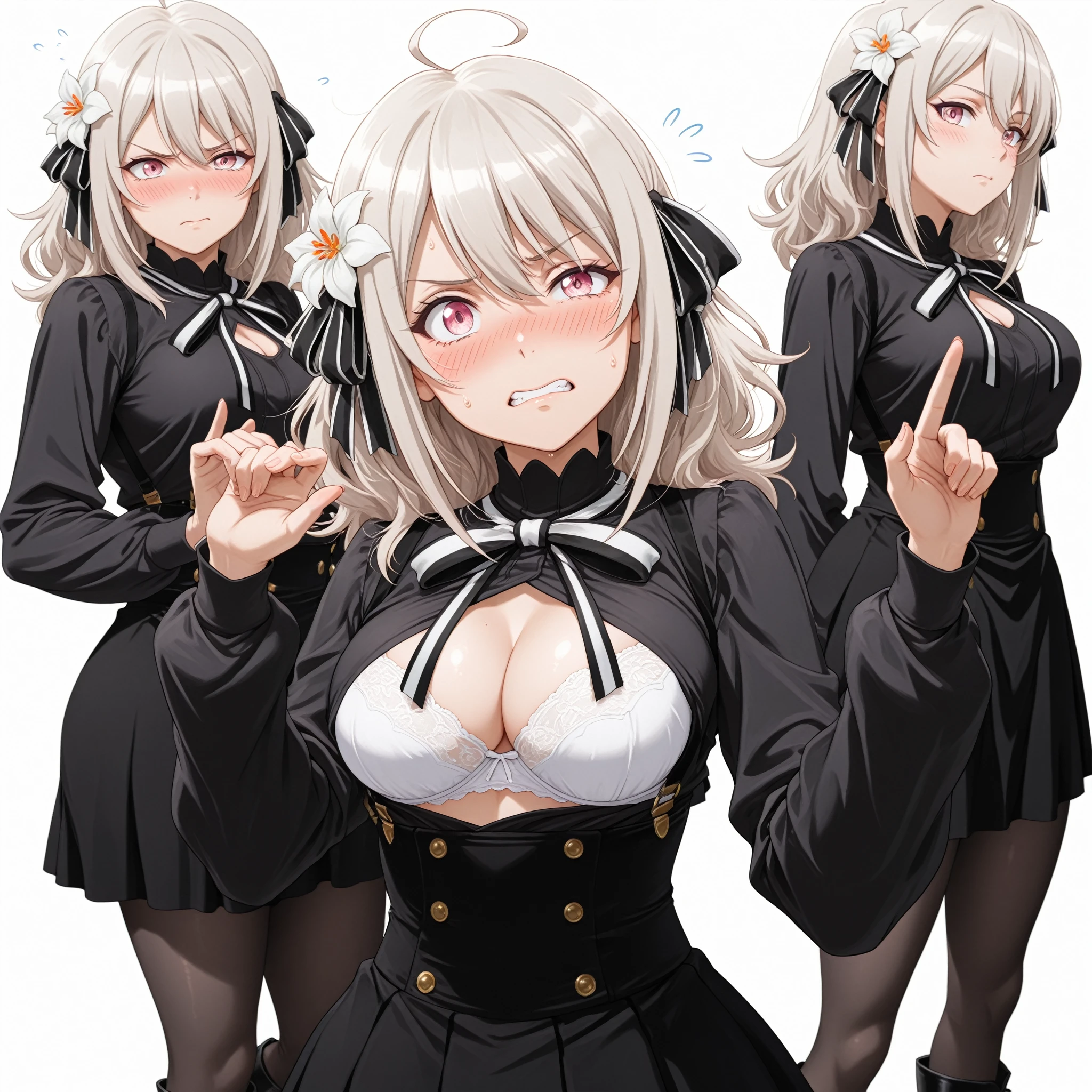 (1 girl), grey hair, blue eyes, long hair, Ahoge, cry, blush, afraid, crying, tears, hand in chest,
break blazer, cardigan, Jacket, skirt,
highly detailed face, Very detailed CG, (perfect hands, perfect anatomy), detailed eyes, extremely detailed eyes, detailed face, cleavage,