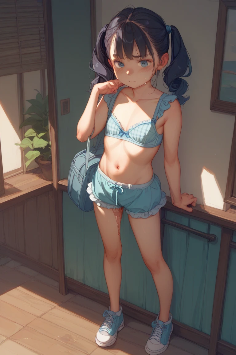 <lora:kotoyama_style_v01:1>, (masterpiece, best quality), nsfw, 1girl, Coral Messy Bun with Face-Framing Strands, Size H breasts, Powder blue High-waisted G-string with a mesh panel and bow bra, tabi, Leaning against a pillar or column, looking thoughtful and introspective.