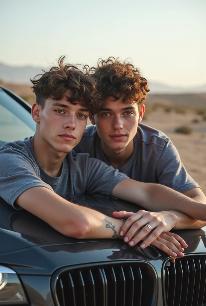 2 handsome and cute young men, shirtless, small white thongs, arms up, car backseat, serious face, relaxed, mess
