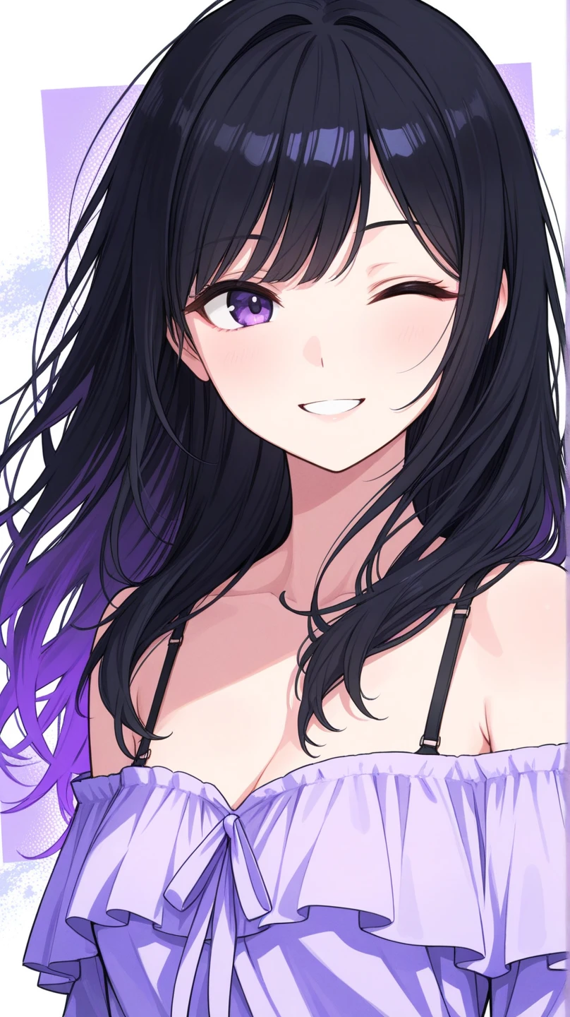 masterpiece,One girl,alone, A light smile, Metal Necklace, White shirt, Modern , accessories, Purple and black two-tone hair color, Unique Hairstyles, stylish, Black background