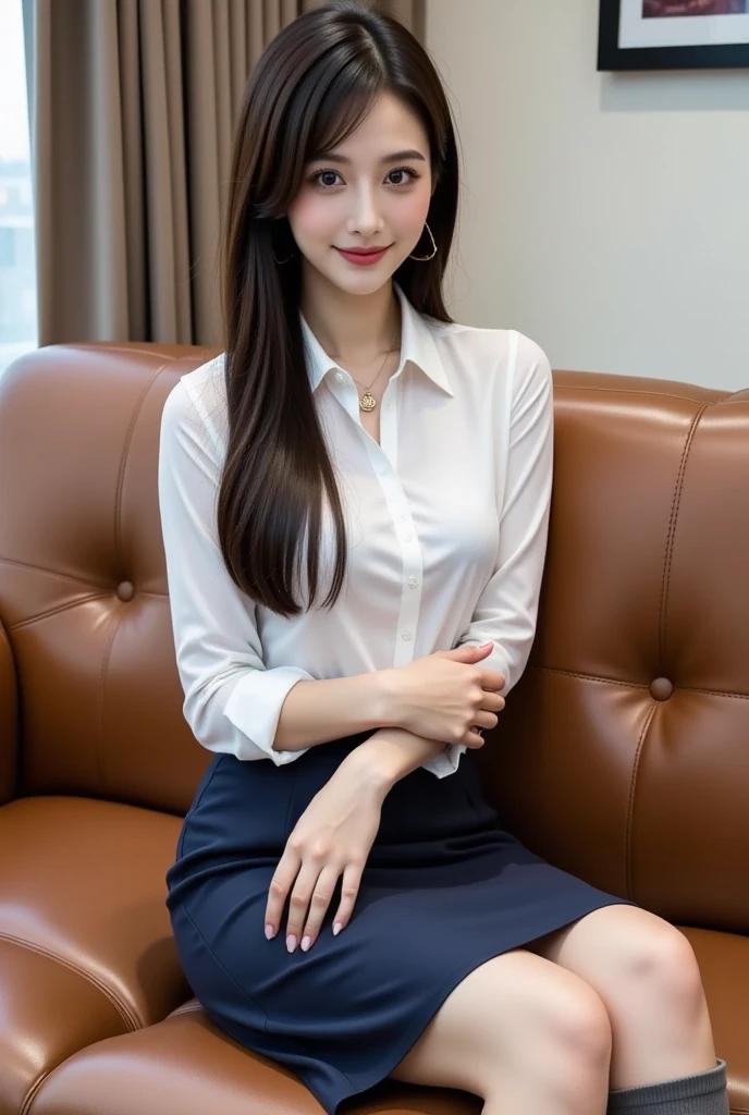 gorgeous lips, cinematic, (masterpiece), (best quality), (ultra-detailed), very aesthetic, perfect composition, intricate details, absurdres, detailed face, (anime, masterpiece, intricate:1.3), (best quality, hires textures, high detail:1.2), 
realistic,masterpiece, best quality, ultra detailed,high quality,high res,high saturation,depth of field,high res,4K,8K,well drawn,(in office,high detailed background:1.1),high detailed face,high detailed clothes ,(milf woman solo, from below,(office lady,white shirts,(shiny pantyhose),high heels),blunette,long hair,bangs,vulgar,shy,embarrassed gloating,grin,(looking down at viewer:1.1)),(sitting on leather chair,crossed legs),leg focus,luster,glittery,dynamic lighting,sharp focus, perfect hands, perfect light,add_detail:1, add_detail:0, add_detail:0.5