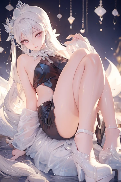 poorly fitting lingerie, too small clothes, too tight clothes, white small lingerie with a garter belt and stockings, high heels, bridal lingerie, squeezed, straining, solo, women, pyoapple v1, pyoapple, (look away), (parted lips, light smile), (shiny skin: 1.1), blush, (bangs)), long hair, welcome, Skin dentation, ((slim slender body)), (long legs), model figure, top quality, ultra high resolution, (photorealistic), (detailed face and eyes),