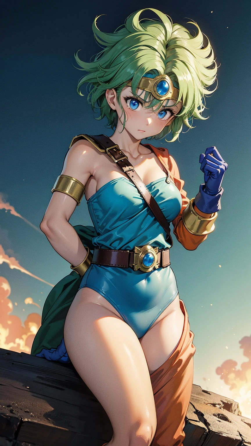 （（（ＳＦＷ、sound、Highest quality、Top notch work、Normal body、、Detailed face、Ultra-precision、Normal hand、のrefer、５refer、Highest）））、beautiful girl、Green Hair、yamato nadeshiko、Small breasts、Shortcuts、Blue leotard、Muscular、Red Cape、Circlet、Dragon Quest、Female Heroes、 Fight、Fight準備完了、Sweep with a sword、Please put your hands together in front of you.、Place your hands behind your back、Please put your hands on your hips、cover your chest with your hands、((Executed perfectly:Frame yourself from head to toe,Standing posture,Draws in great detail、There is no anatomical problem))、