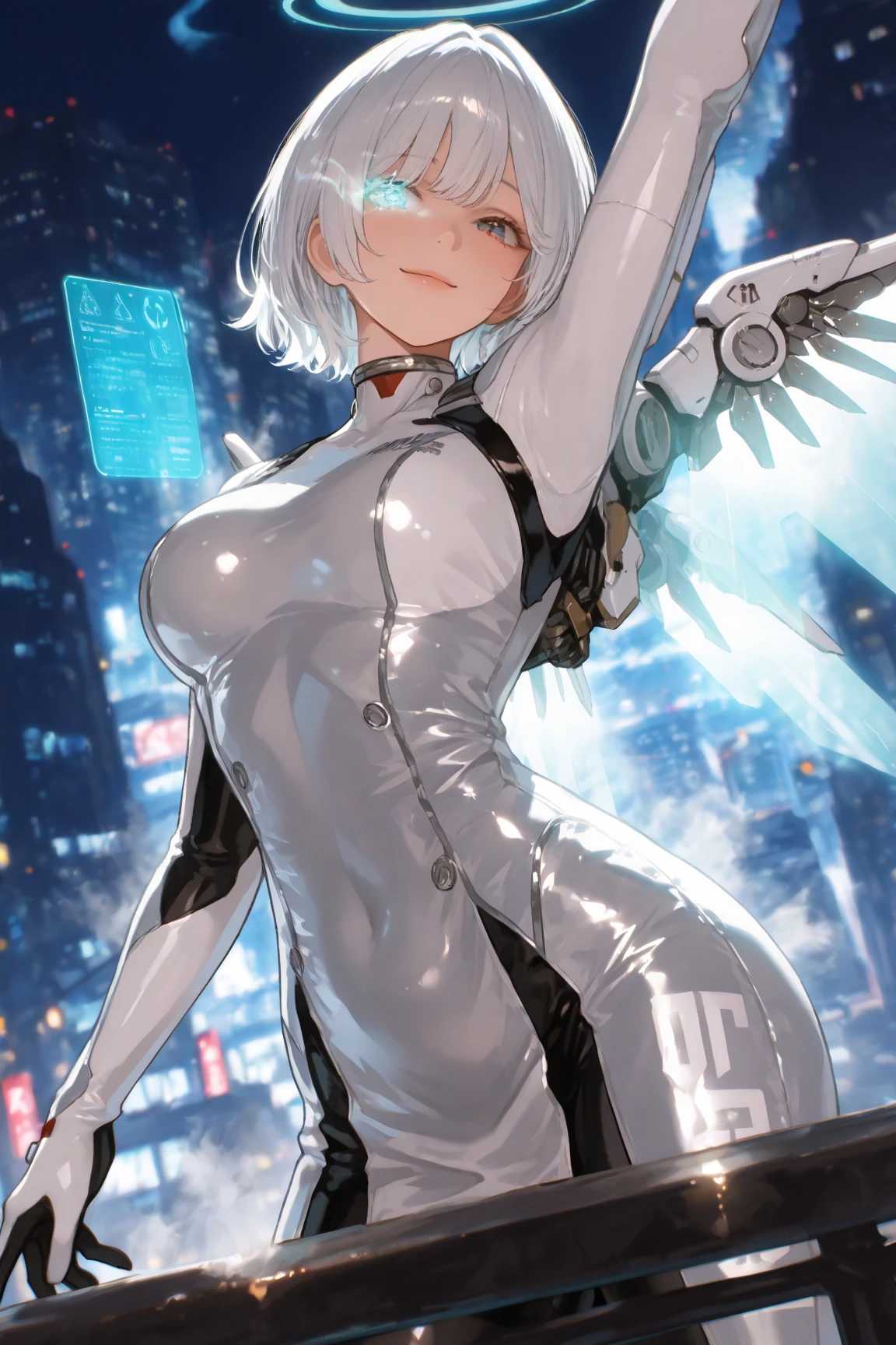 Obra maestra, La mejor calidad, Ultra detallado, kawaii, Lindo, bonito, sexy, era, extremadamente detallado, 4k, 8k, La mejor calidad, Beautiful, una chica linda, 1girl, solamente, angel, hermoso cabello blanco, hermosos ojos rojos, Hermosos ojos, piel blanca, sonrojarse, Calidad superior, High resolution, Estructura humana perfecta, Enfoque de fondo, Front view, cabello de siete colores, Cabello brillante, Orejas de gato, heterochromia, dientes, cabello brillante, Disfraz de Santa Claus, ojos degradados, Espacio,(post apocalyptic colors:1.4),(white latex bodysuit:1.4)