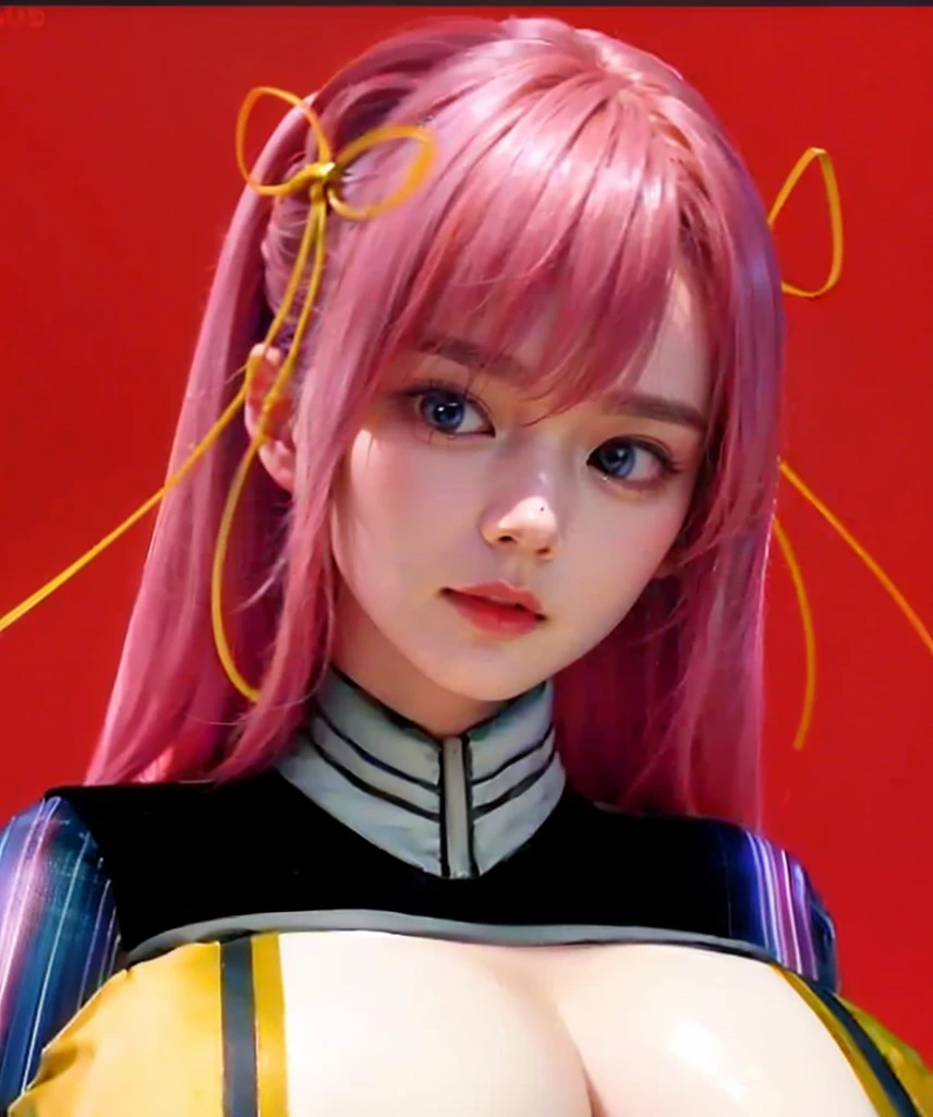 YunakaFE, 1girl, photo portrait of yunaka, red hair with long bangs, hair behind shoulders, choker, cleavage, star hair ornament, belt, purple sailor outfit, elbow gloves, close up, epic photograph, white woman with ginger hair, studio lighting, ektachrome, Fujifilm XT3, masterpiece