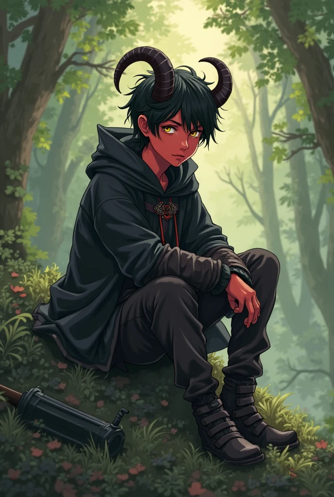 8K, RAW, best quality, masterpiece, ultra high res, colorful, portrait, (medium wide shot), (dynamic perspective), sharp focus , (depth of field, bokeh:1.3), extremely detailed eyes and face, beautiful detailed eyes, 
1girl, female, cute girl, young, solo, Oni, oni short horns, red skin, slander tail, wide samurai pants, geta footwear, near campfire, lean back, tree, sits across-legged, hands on knees, damaged body, bleeding, fresh scars, (black tank top), looking at viewer, facing viewer, side view, forest background, dark forest, night time, fire, campfire