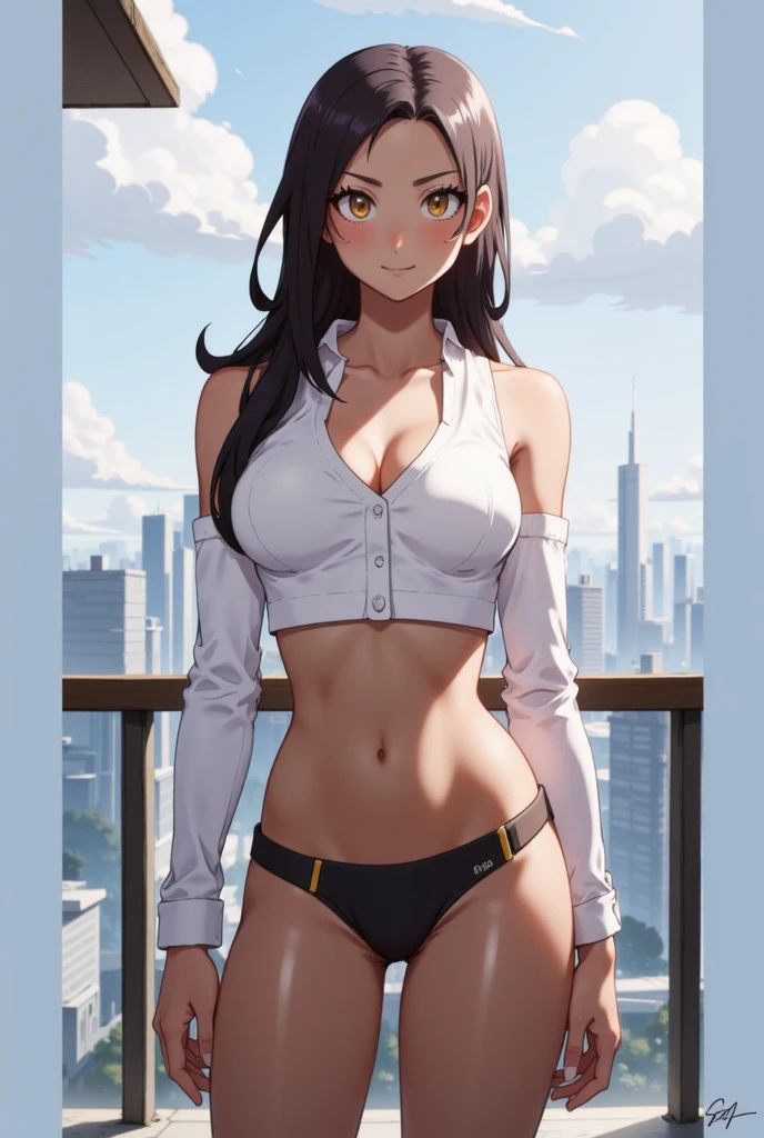 connie maheswaran age 25, ( extremely detailed CG, Mahagony-skinned female with dark Reddish-brown skin, black eyes, and phoenix back tattoo, wearing a full-body open back leotard, mini shorts with stars on the back pockets and a baret holding her black hair tight dragonbraid. strong , well-built, Perfect hourglass physique, amazing skin, strong oblong-shaped face, narrow convex hooked nose. strong, toned, wide heart hips,, biting lips enticingly, catching your eye, waving you closer to her). +( overlooking a coastal city with hands in her pockets,looking over her shoulder ,playful bottom hit) :+(view from behind, hd illustration, extreme long shot, rendered in Unreal Engine 5, hyper-realistic, , 128k, ultra - HD, intricate detail, super - res, webcomic animation, ink art, full-length portrait, wide-body shot, alluring aura and stare , ink art,Black ink,tattoo design outline, Lineart, brush art ,thin line animation, ultra-HD masterpiece, highest quality, highly detailed facial expressions,realistic expression, perfect piece, perfect prompt ,full length, best quality, intricately accurate facial and physical structure, intricately realistic expression and emotion, accurate colored complexion, accurate body anatomy, intricate bodypaint, complex hairstyles, intricate character detail, intricately expressive, intricate color design, complex emotions,)