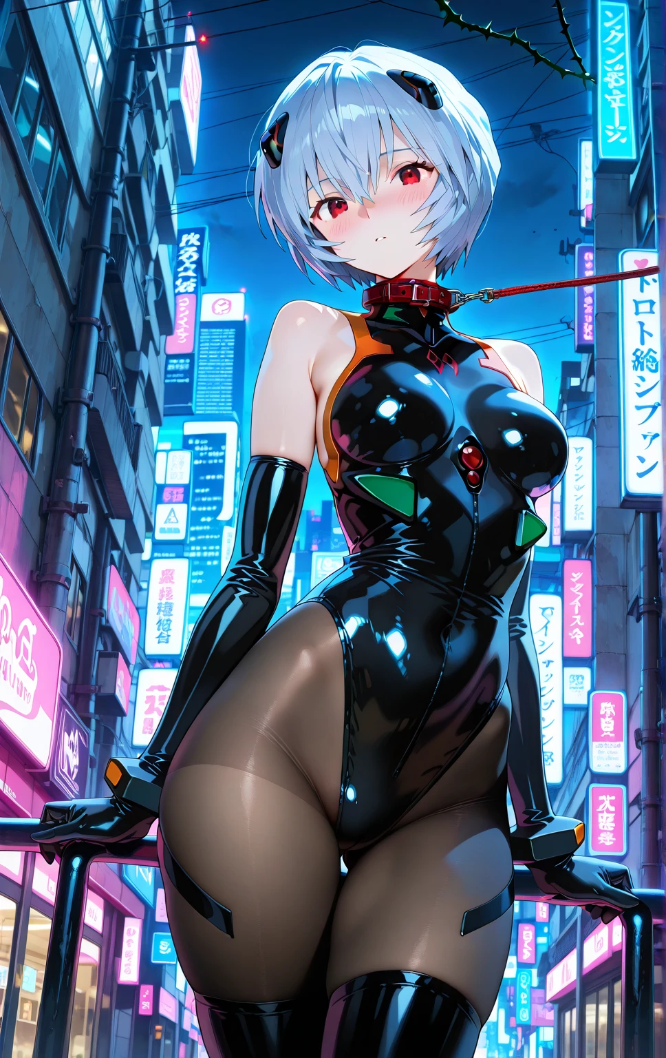 Highest quality、8K、(Bunny girl)、Fishnet tights、High heels、Red Bunny Suit、View Viewer、smile、Futuristic Living Room、indirect lighting、Room with houseplants、From the window you can see the valley between the city buildings、Night view、Silver short hair、Beautiful eyes、Beautiful Face、Many layers of eyes


