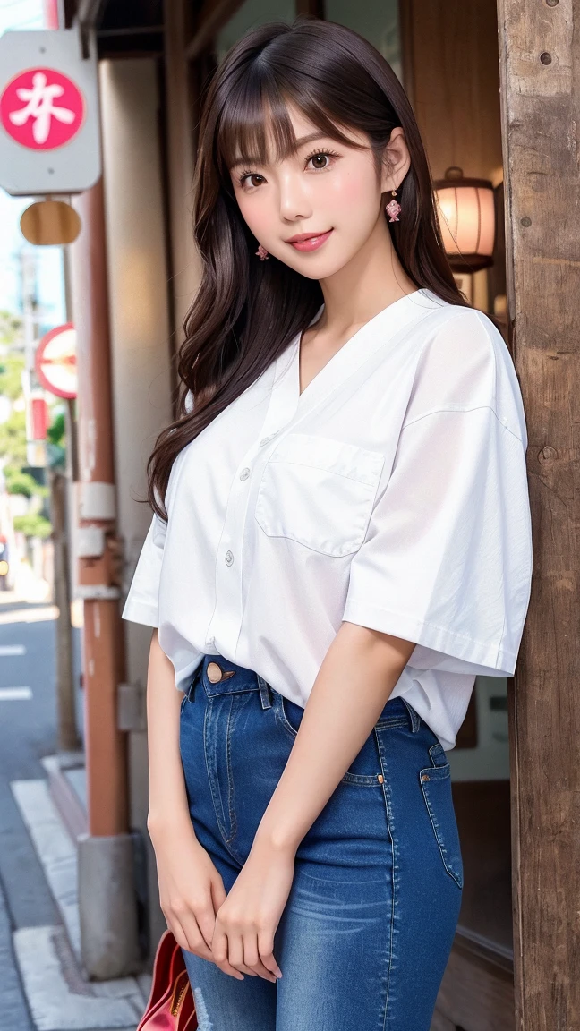 highest quality、masterpiece、live-action、Realistic、High resolution、4k、Japanese、Black Hair、Medium Bob、Japanese female college student、Cute Girls、20-year-old、Oversized clothes、Denim shorts、Cute smile、The background is a lodge in the forest、Enjoy a barbecue、Whole body -- 9:16