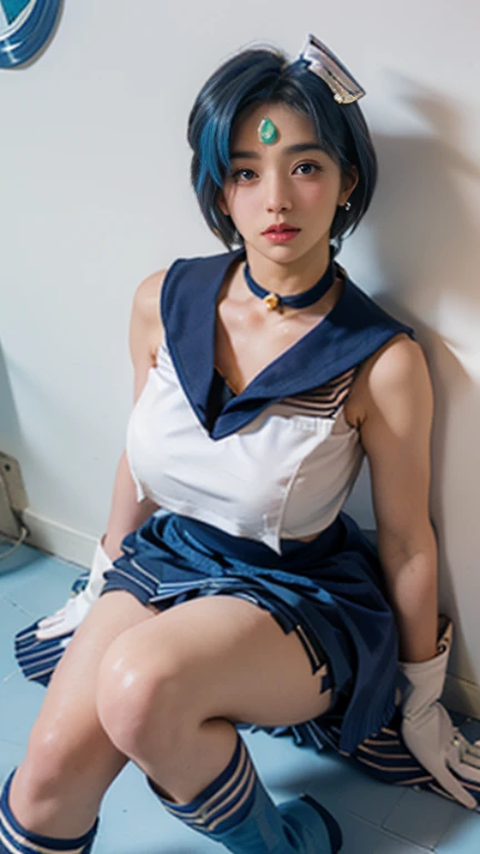 short-cut、Blue-haired、blue eyess、DELICATE DETAILS、4K、8K、校服、The upper body is lowered、a miniskirt、Squatting、Asian、Colossal tits、Background and room、