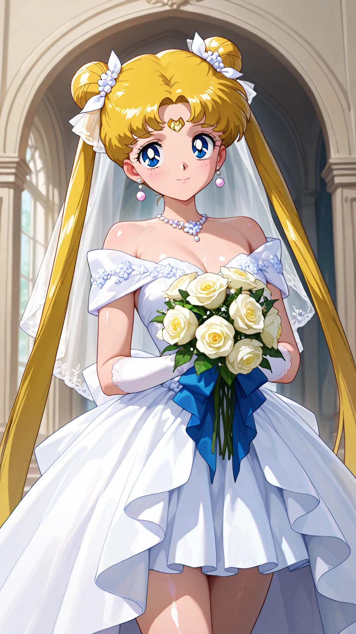 Sailor moon Huge breasts with bra and wedding dress with huge lace neckline with veil and bouquet in a Japanese courtyard