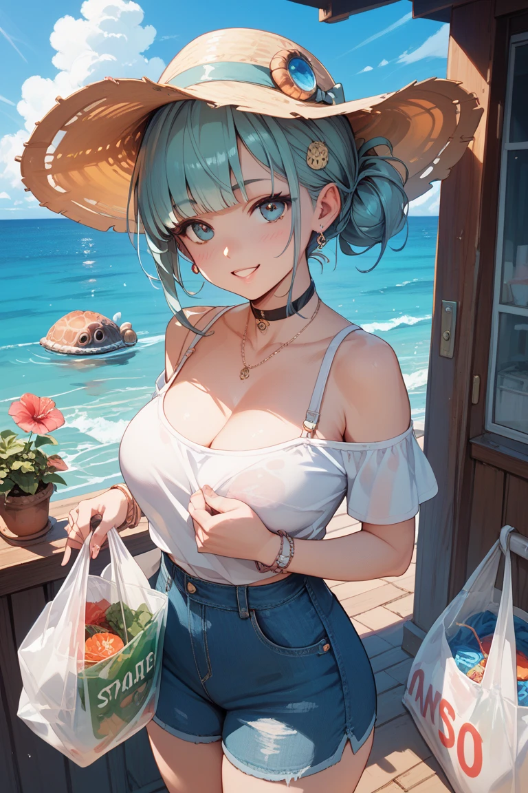 (masterpiece, best quality, 4k, photorealistic, cinematic, ultra-detailed), wide shot, perfect anatomy, curvaceous body, perfect eyes, perfect hands, large chest, long round legs, 1 girl, Light Floral Print Sundress, White Sneakers or Comfortable Sandals, Straw Hat, Woven Tote Bag, Sunscreen and Sunglasses, Blue Hair in a Braided Crown