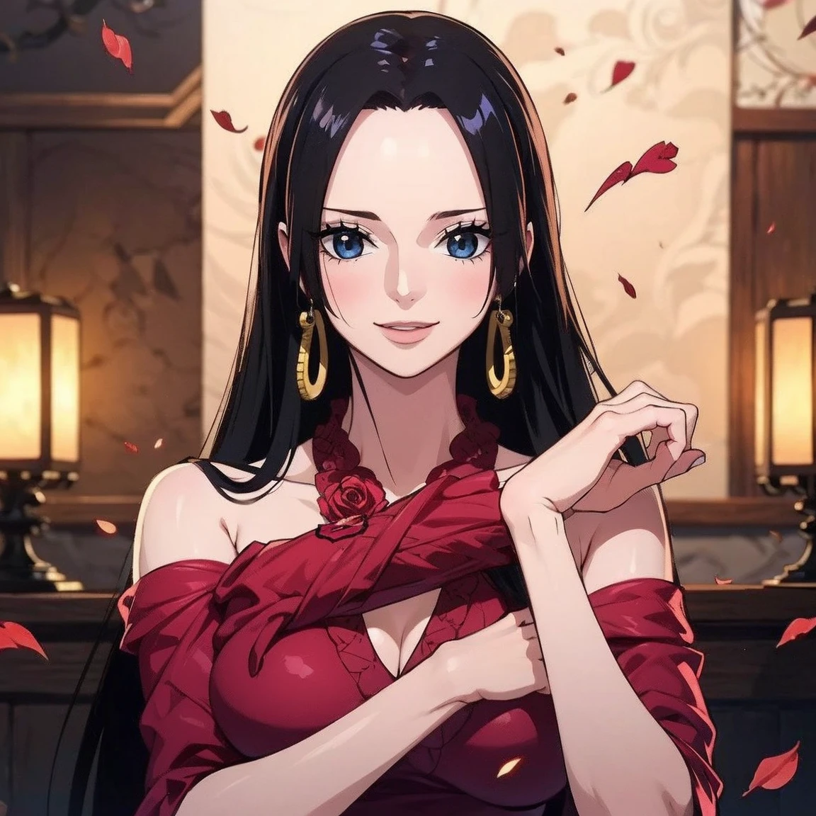 Highest quality, masterpiece, Very detailed,(((One person)), ((Rose)), (vine), cage, bandage, Red rope, (Detail Light), falling Rose petals, Boa Hancock,, (masterpiece:1.5), Detailed Photos, smile,(8k, Realistic, Highest quality: 1.4), (One person), Beautiful Face, (Anime realistic face), (Black Hair, Long Hair: 1.3), Beautiful hairstyle, Realistic eyes, Beautiful details in the eyes, (Realistic Skin), Beautiful Skin, (sweater), Absurd, Charm, 超High resolution, Ultra-realistic, High resolution, Golden Ratio,NSFW erotic pose