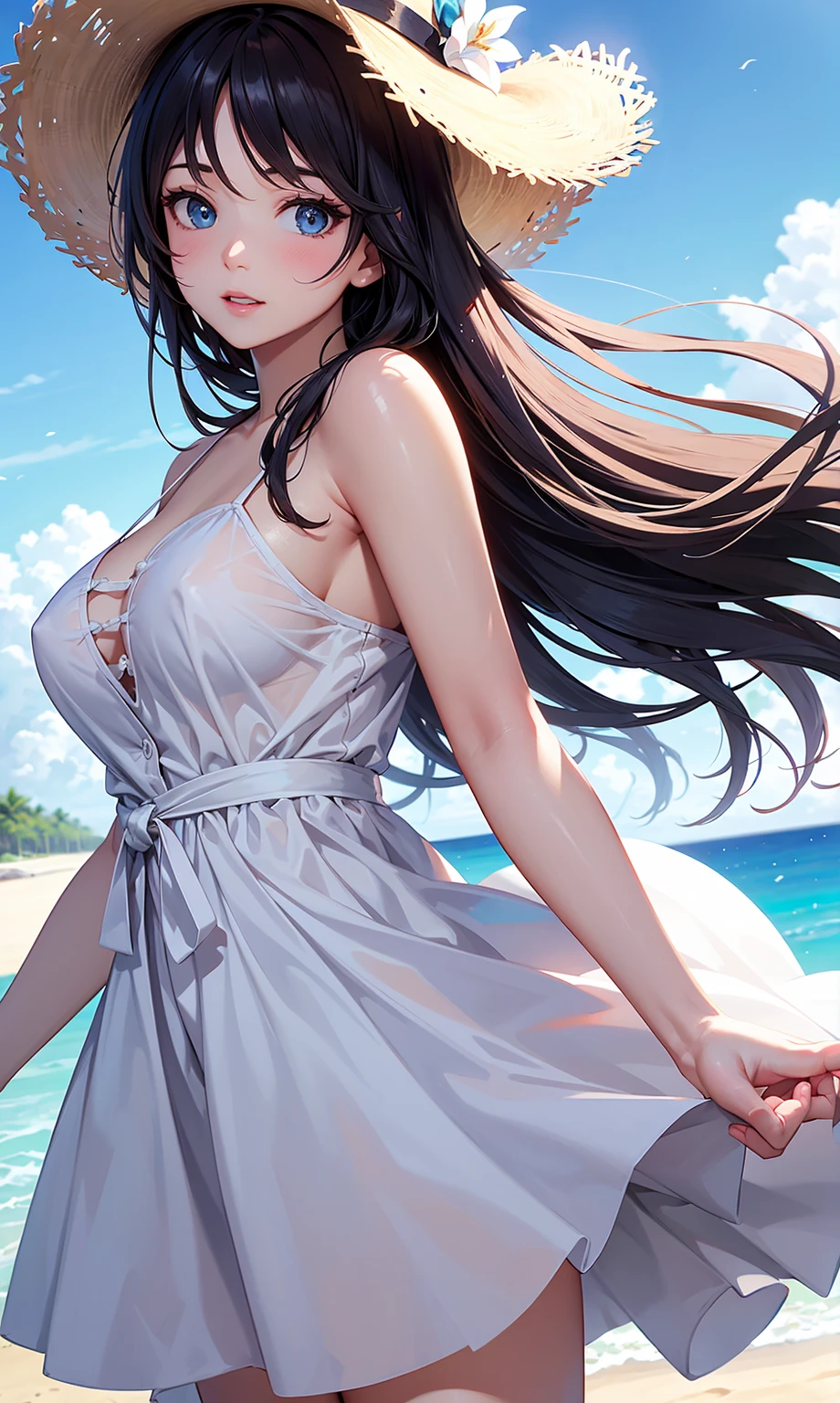 a portrait of a bride surfing the waves, on a sunny day in ocean, an exotic beautiful bride,   ((anatomically correct: 1.5)) ultra detailed face, dynamic hair color, dynamic hair style, dynamic skin complexion, (best detailed face: 1.5), busty wearing intricate, elegant bride's dress, glamour bride dress, barefoot, she is surfing an (surf board: 1.3) she surfs a massive wave, sunny day, sun rays, some clouds, wavy ocean background, vibrant, Ultra-high resolution, High Contrast, (masterpiece:1.5), highest quality, Best aesthetics), best details, best quality, highres, 16k, (ultra detailed: 1.5), masterpiece, best quality, (extremely detailed) RAW, (ultra details, Masterpiece, best quality), sexy wedding dress, Cinematic Hollywood Film