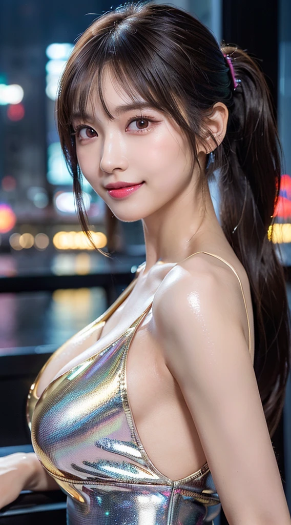 (8k, RAW photo, best quality, masterpiece:1.2), (realistic, photo-realistic:1.37),st. louis \(luxurious wheels\) \(azur lane\),1girl,hair ornament, portrait, (long loose silver revealing dress:1.1), necklace, blue nails,cute,cityscape, night, rain, wet, professional lighting, photon mapping, radiosity, physically-based rendering, ((shiny skin)), white skin,white roman shoes, ((yurisa)),(upper body)
