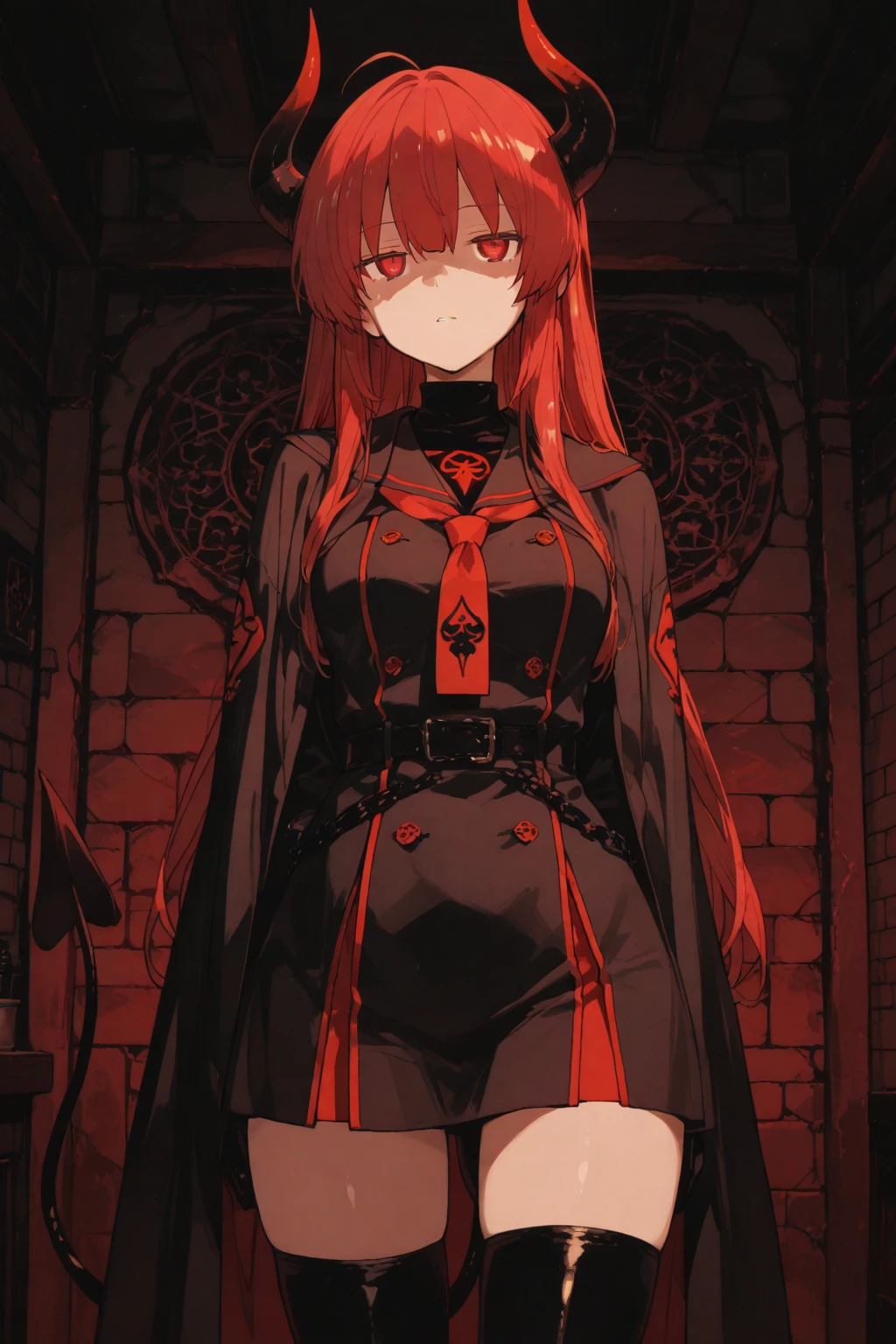 ((Red-haired girl in a dress wrapped in chains)), ((wearing a noble robe)), full body black and red longcoatu,((Bobcut)), ((full body black and red longcoat)), Anime full body illustration