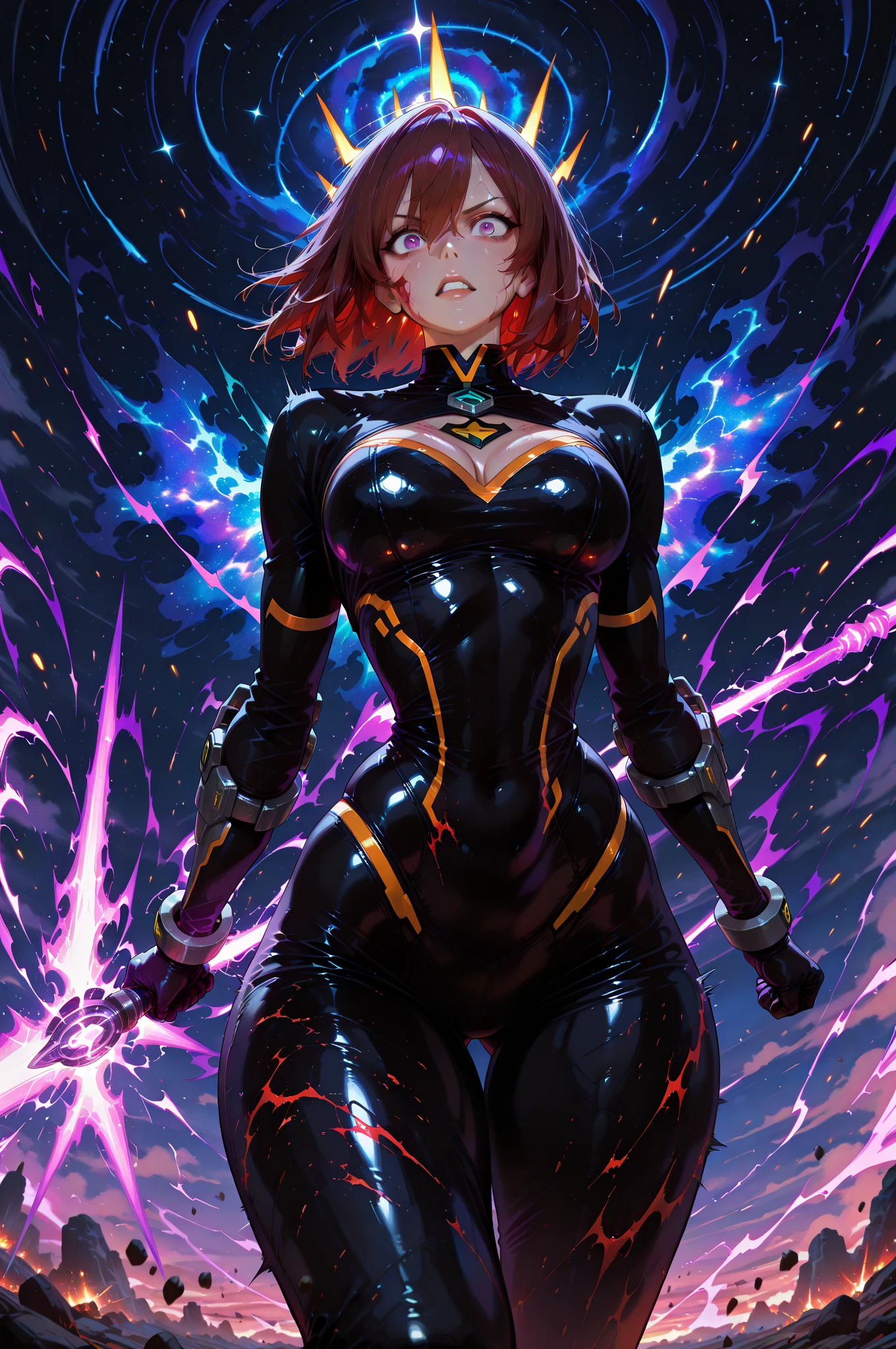 ((Woman in a sexy bodysuit, cleavage)), (high quality), (luster), Subcolor is pink, Shining crystals on the chest, Costume with pink lines, cloak