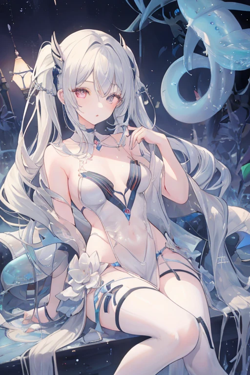 extremely delicate and beautiful, masterpiece, Best Quality, ultra high resolution, 16k, Photorealistic, ultra-detailed, Very detailed CG 8k wallpaper, Beautiful Lighting, Perfect Lightning, Realistic Shadows, anatomically correct, Detailed shiny skin, Latino, late 20s, Slim body, Slim abdomen, small head, handsome detailed woman, very detailed eyes and face, realistic face proportions, Stunning detailed eyes, Realistic small beautiful face, Realistic small beautiful eyes, double eyelids, makeup, tearful mole, mole on chest, earring, full body shot, huge round breasts, cleavage, Soft midriff, Fine Collarbone, beautiful and very thin legs, beautiful and very thin thighs, bare shoulders, bare legs, wet, short wavy white bronze hair, Summer outfit,