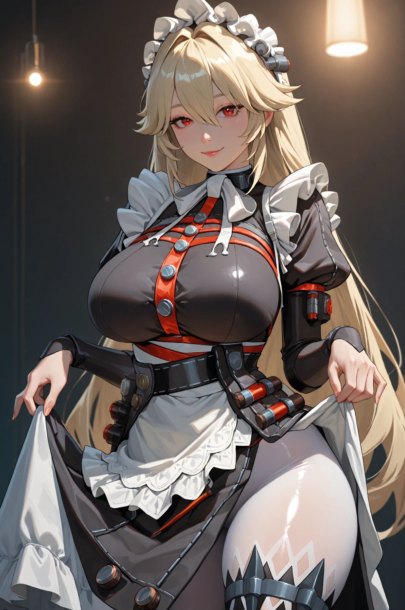 (One girl)、(medium length hair)、(sidelock)、((Blonde))、(slan eyes)、（boyish）、Prinz Eugen、(Big super breasts)、((Chubby))、Maid、No sleeve、mini skirt、White sleeveless、thigh-high socks thighhighs、(long gloves)、hairs between eyes、(coarse hair)、[flipped hair]、pink eye、expressionless、one eye closed、arm behind back、two side up、White Background、