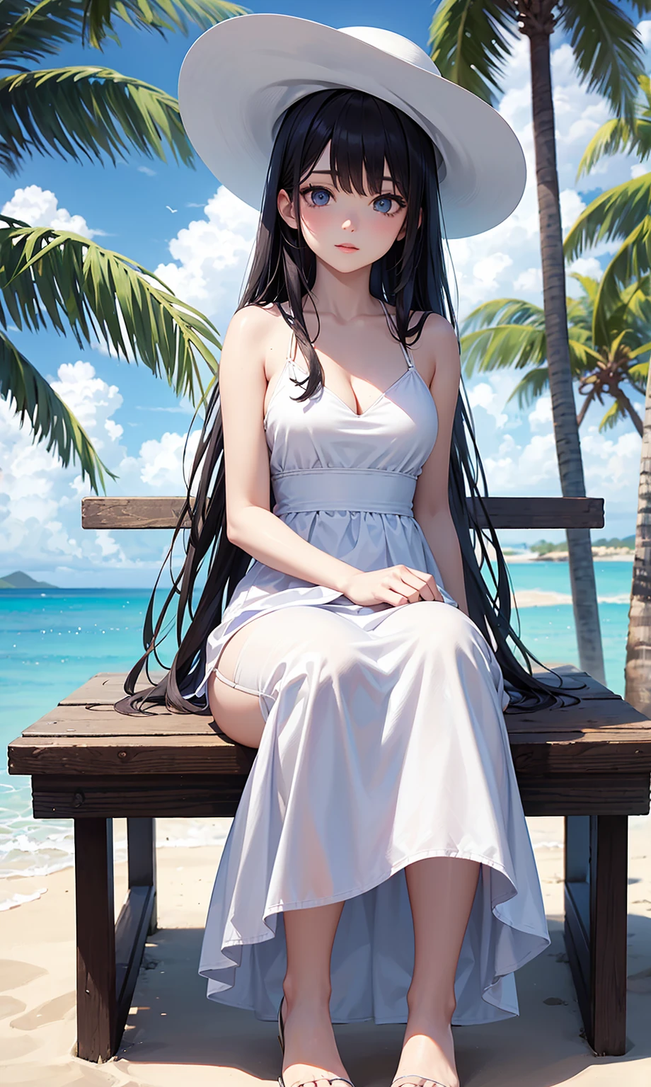 score_9, score_8_up, score_7_up, score_6_up, score_5_up, score_4_up, (8k, RAW photo, best quality, masterpiece:1.2), black hair, long hair, front view detailed body, long belly , Slender body, tight body , thicc, large breast , long thighs, Seoldef, black hair, black eyes, long hair, cleavage, 1girl, tree, solo, long_hair, black_hair, outdoors, barefoot, breasts, day, table, chair, sky, grass, dress, palm_tree, jewelry, large_breasts, white_dress