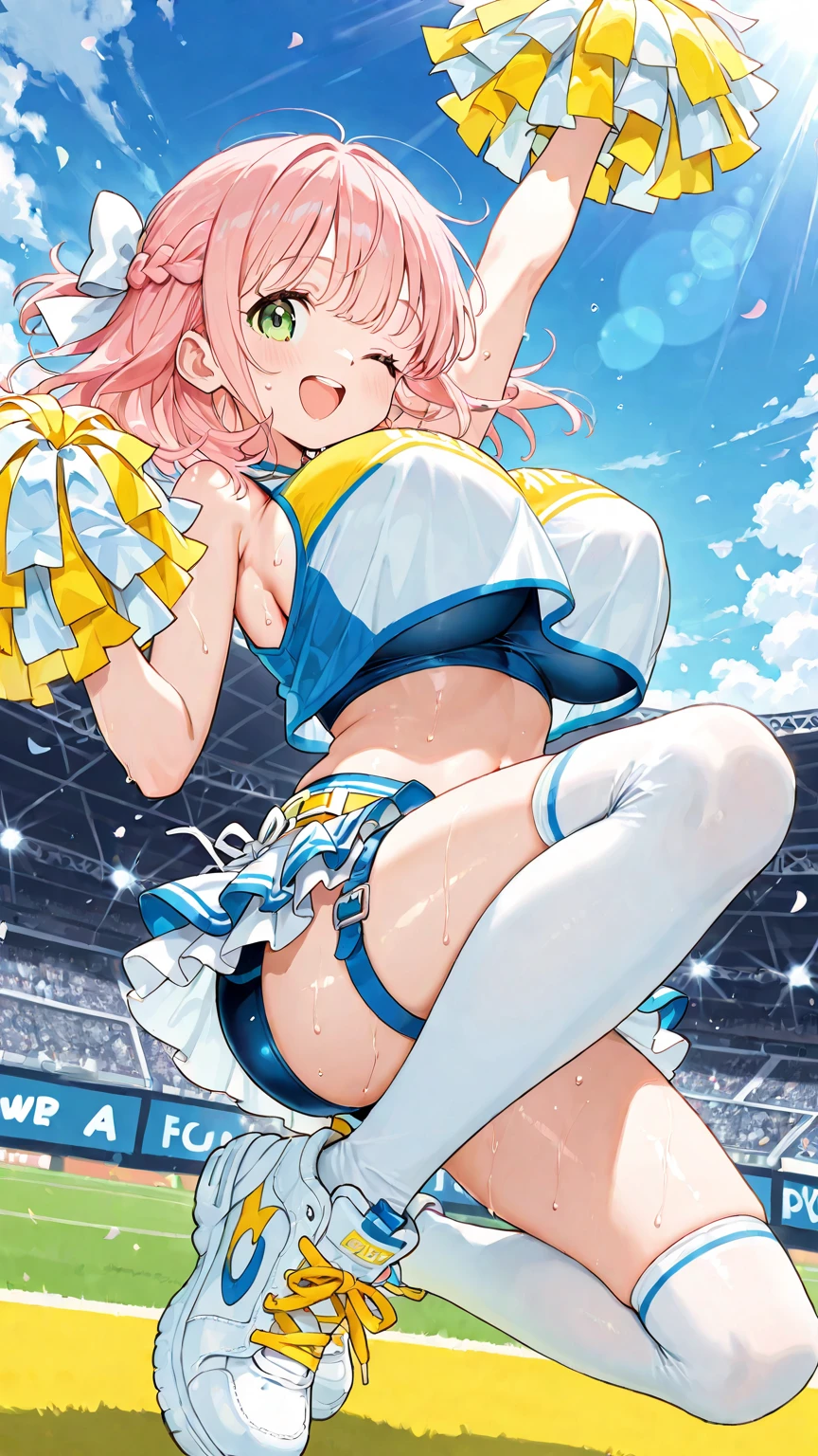 Highest quality、High resolution、Detailed Background、Beautiful face in every detail、Teenage beauty、Light color hair、Braided bob cut、ponytail、Perfect body line、Big Ass、fly in the sky、Cheerleader、I support you、(Pom-pom:1.2)、

(笑顔で大空にジャンプしているCheerleaderの少女:1.5)、

I support you、Sexy Costumes、Sexy Cheerleading Costumeini skirt、Emphasize underboob、Angle from below、Healthy thighs、Healthy Beauty、With legs apart、cute