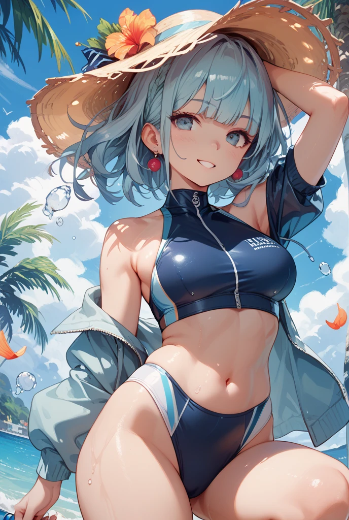 best qualityer,tmasterpiece,Ultimate resolution,downy,Extremely colorful,Colorful,waters,Sexy beauty,Short blue-green hair,a matural female,blue bikini,huge tit,Crop topping,short skirt,Bare legged,Barefoot,Blue manicure,Normal posture