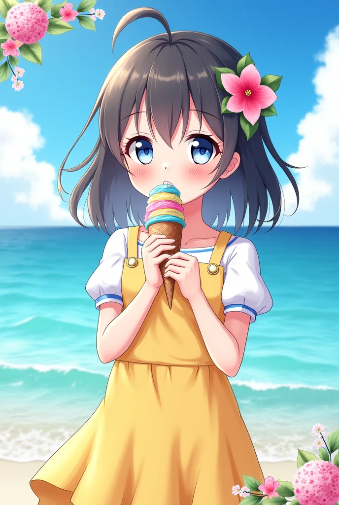 ((masterpiece, high quality, best quality)),
kusukusu style, 1girl, food, full body, hat, dress, solo, blue eyes, popsicle, long hair, hair ornament, brown hair, holding, white dress, straw hat, looking at viewer, flower, sky, cloud, ocean, beach, outdoors, hairclip, day, blue sky, sunflower, hair between eyes, blush, food in mouth, bangs, bare shoulders, sundress, eating, summer, hat flower, breasts, holding food, sun hat,
<lora:kusukusu_style-v1.2:1>