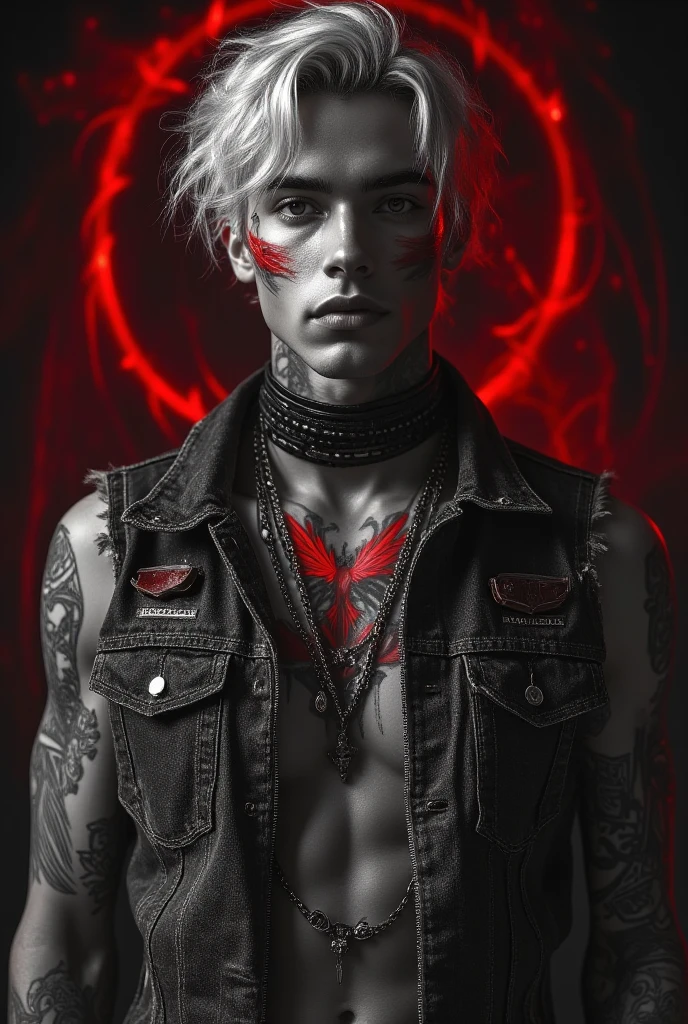 Create a thin but defined white-haired male albino with a large red cross tattoo, wearing an open blouse jacket with a very very very small horn, only the tip appears 
