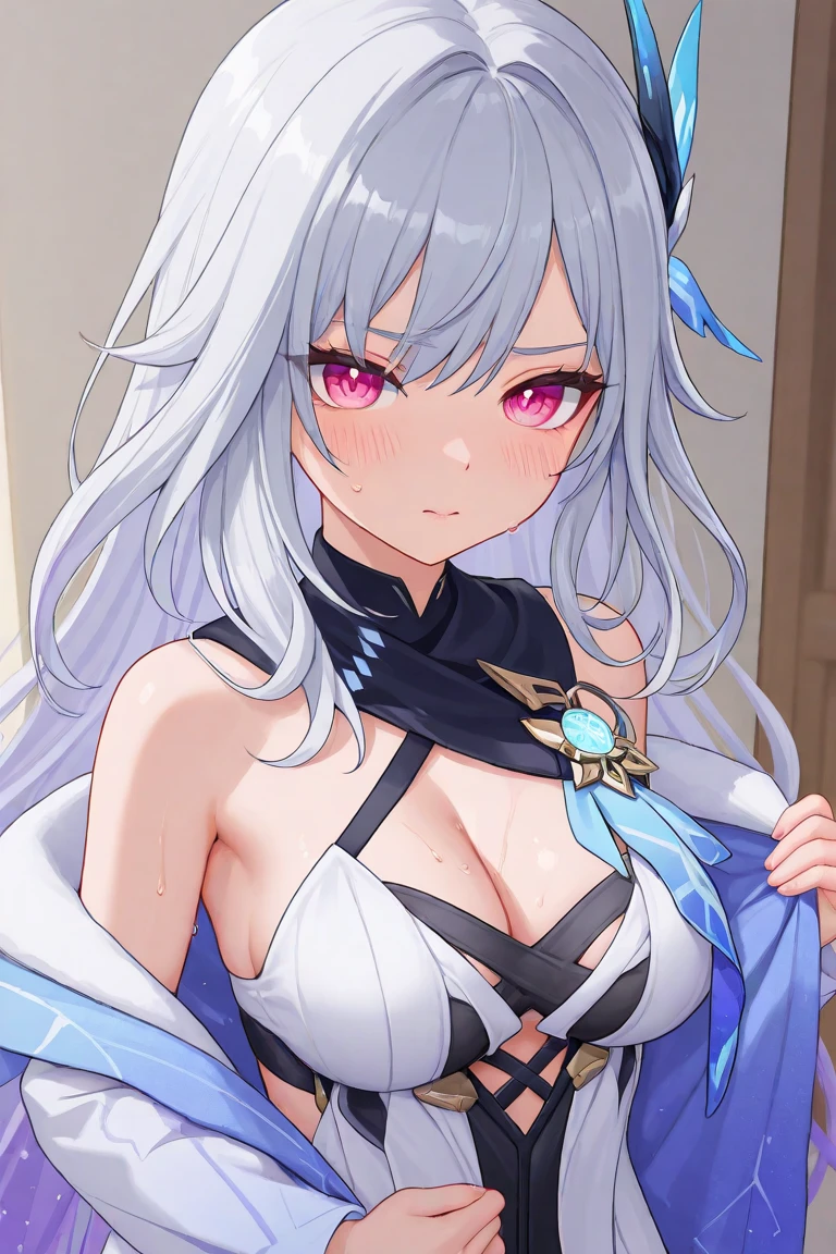 Shirakami Fubuki/(Holographic live broadcast/),（simple hands：0.5）+（Detailed hands：0.7），（masterpiece），（best quality），red eyes，1 girl，pale skin，gray hair，red eyes，two color hair，eyelash，a bracelet，jewelry，smiling，sparkling skin，shiny hair，Detailed and majestic stage，Dreamy，long hair，1 busty girl，two color hair，night sky， Incredibly detailed CG illustration masterpiece，Looking at you，proportions are correct，anime sexy，beautiful anime eyes， Beautiful and delicate eyes， purple eyes， sparkling eyes， red eyes， （whole body）， （curve），
