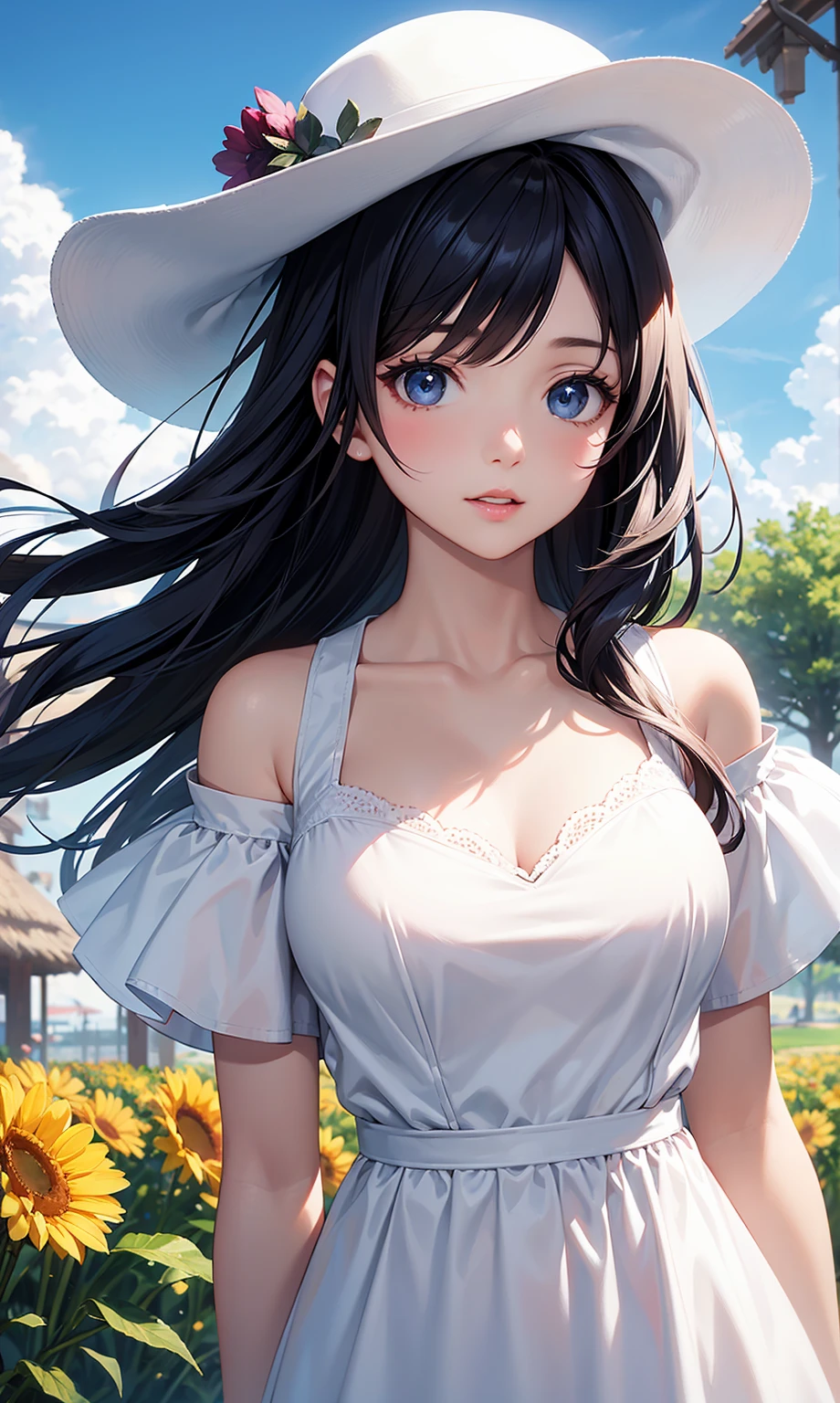 young woman in a straw hat holding a bunch of daisies, 1girl, solo, hat, flower, realistic, looking at viewer, holding, long hair
