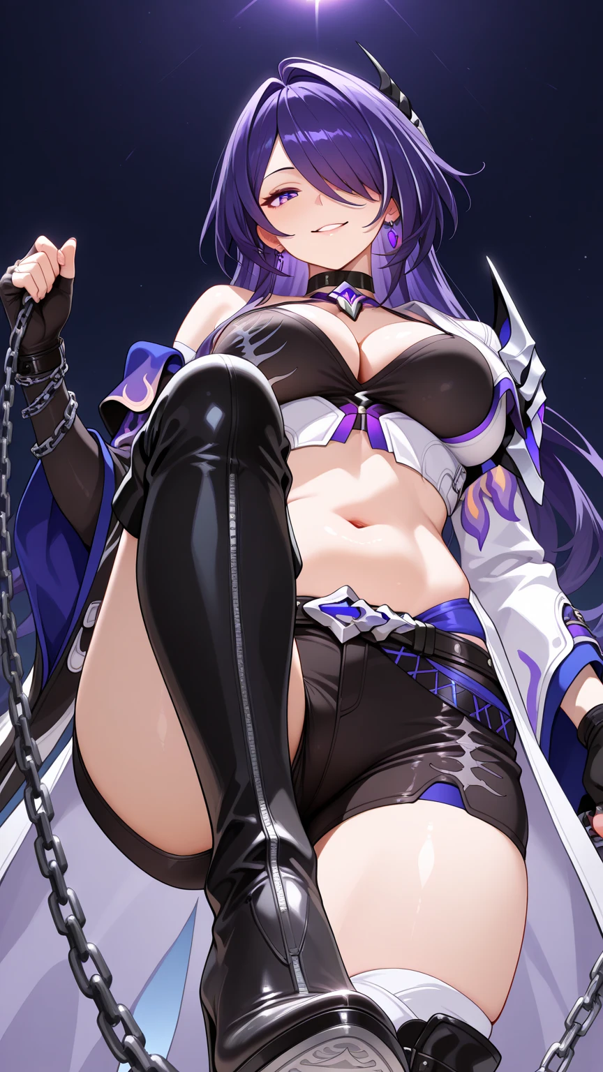 nsfw, (masterpiece, top quality, best quality, official art, beautiful and aesthetic:1.2),(8k, best quality, masterpiece:1.2), (((masterpiece))),(((best quality))),(((extremely detailed))),illustration,who, (masterpiece, top quality, best quality, official art, beautiful and aesthetic:1.2),(8k, best quality, masterpiece:1.2), 1girl, One, girl, Honkai: star rail, Acheron, purple hair, long hair, shorts, one eye hidden behind hair, hair over one eye, purple eyes, white shirt, sweater, pleated skirt, pantyhose, light smile, double v, looking at viewer, smile, open mouth, outdoors, street, cherry blossoms, petals, depth of field, armpits, sleevesless shirt, pussy, spread legs, no panties