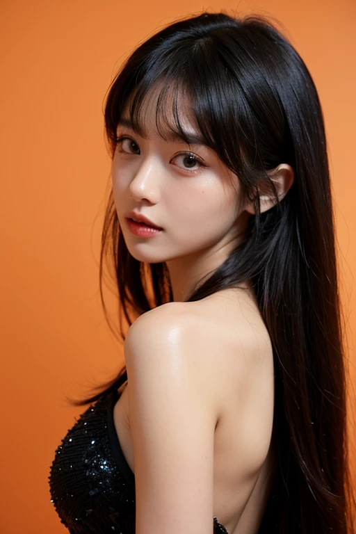 1girl,moyou,hair with bangs,black long dress,orange background,