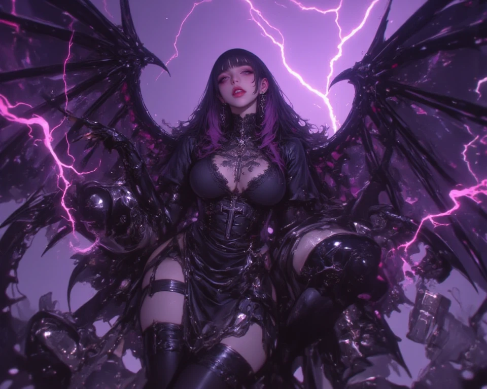 Lisa Ann as a hyper-giant, Hyper-powerful demon with a demon horn on its head and demon wings, and throws purple lightning bolts at a building, ville en ruine post apocalyptique,